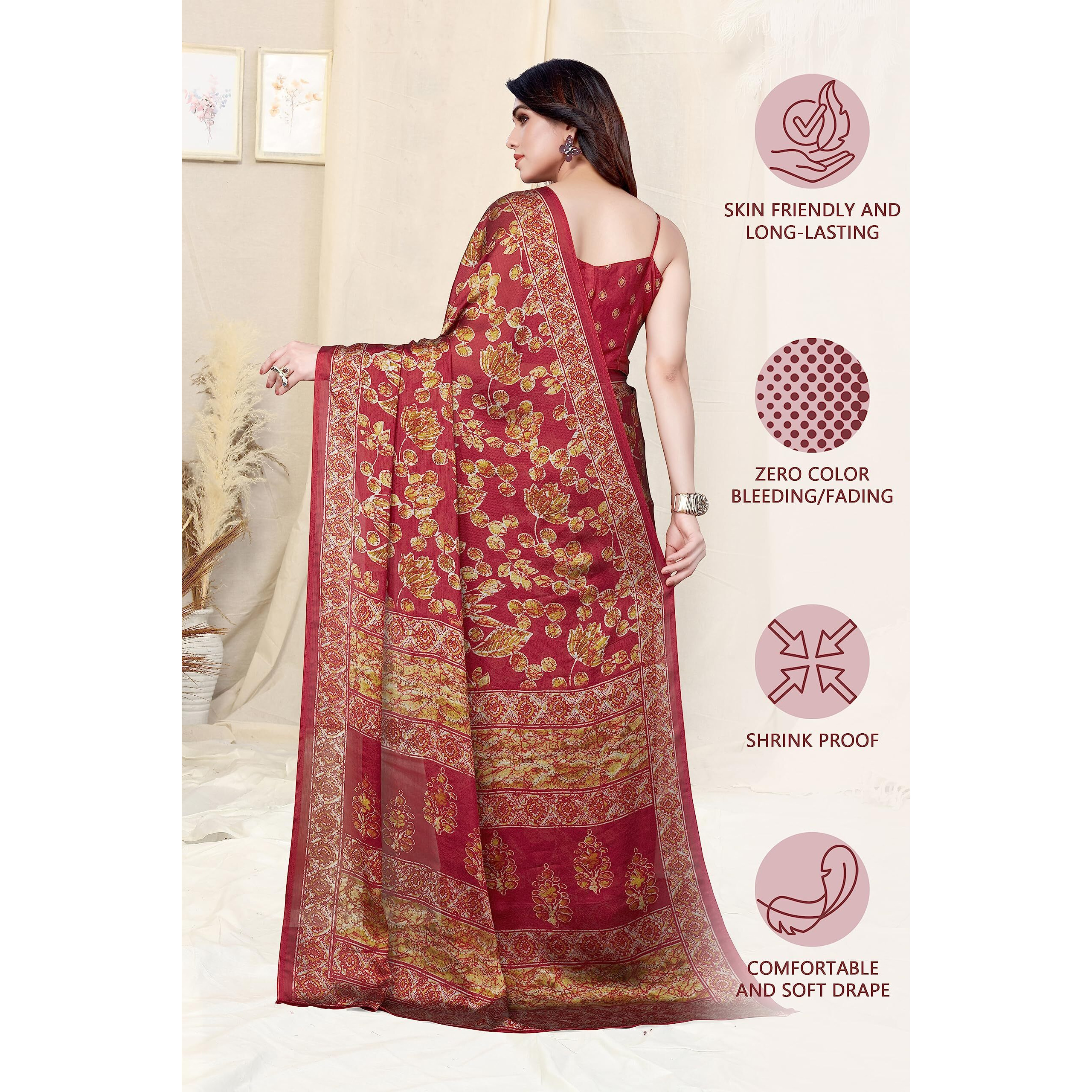 MIRCHI FASHION Womens Plain Weave Chiffon Batik Printed Saree with Blouse Piece (36663-Dark Red, Mustard)