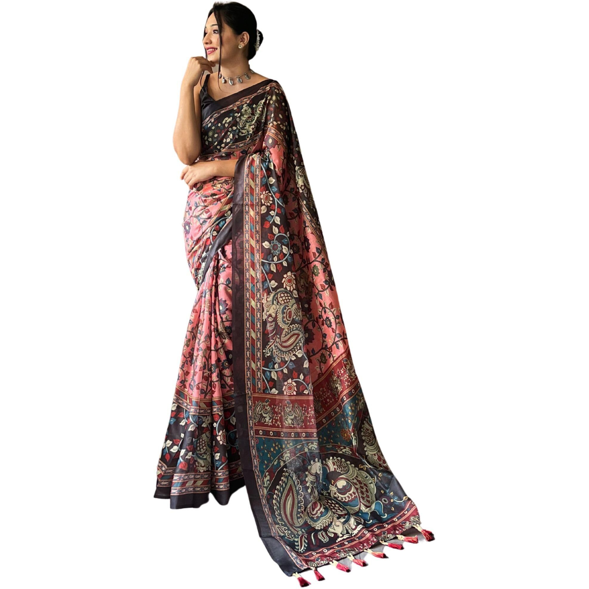 SGF11 Womens Cotton Linen Kalamkari Silk Printed Saree With Blouse Piece (Pink)
