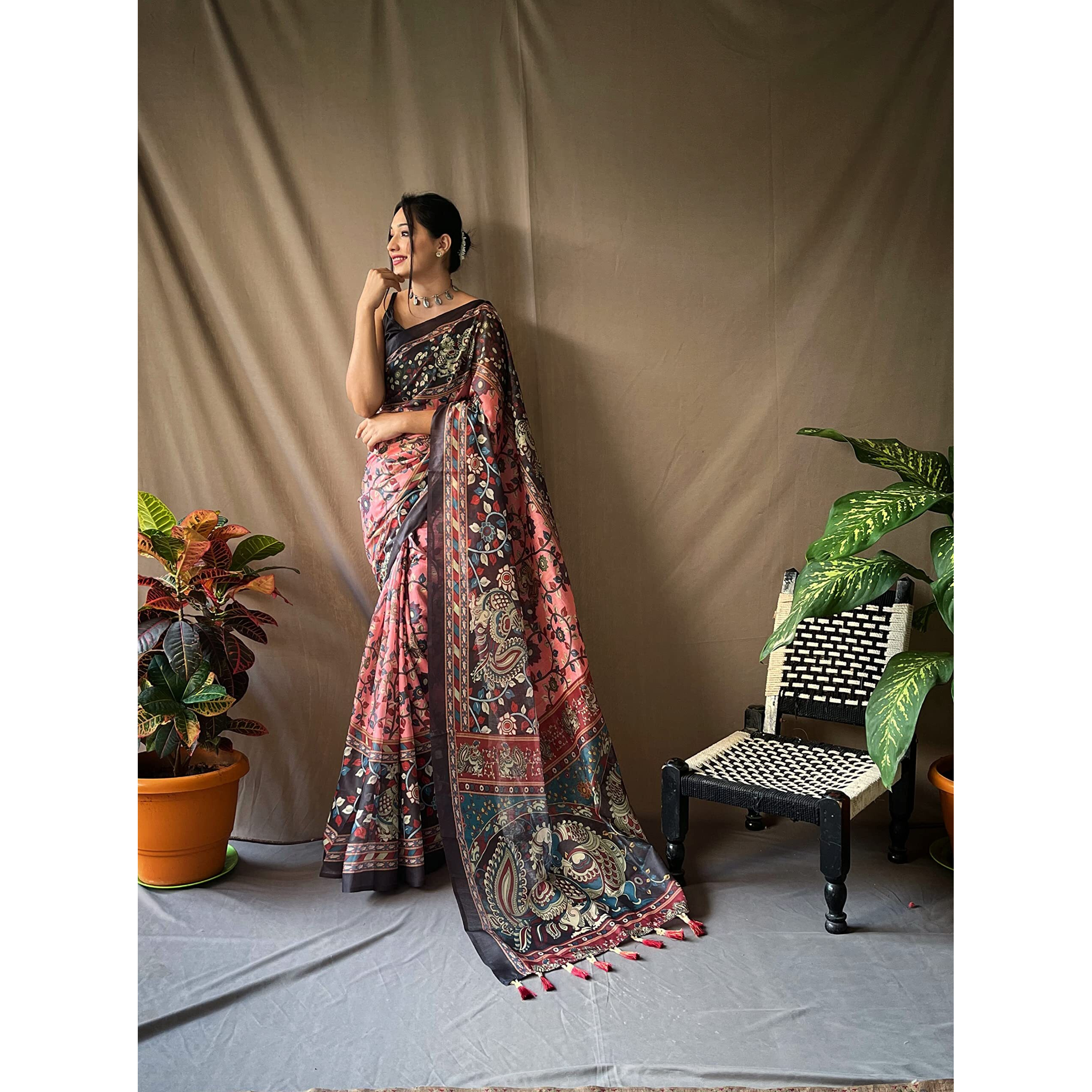 SGF11 Womens Cotton Linen Kalamkari Silk Printed Saree With Blouse Piece (Pink)