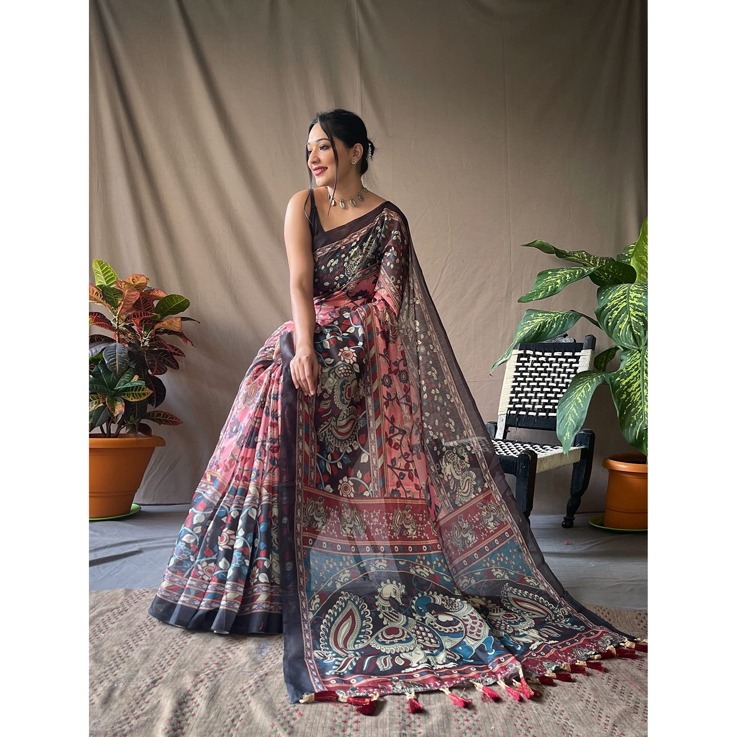 SGF11 Womens Cotton Linen Kalamkari Silk Printed Saree With Blouse Piece (Pink)