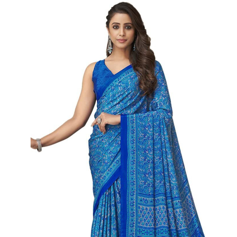 SIRIL Womens Printed Silk Crepe Saree with Unstitched Blouse Piece(2854S2411_Blue)