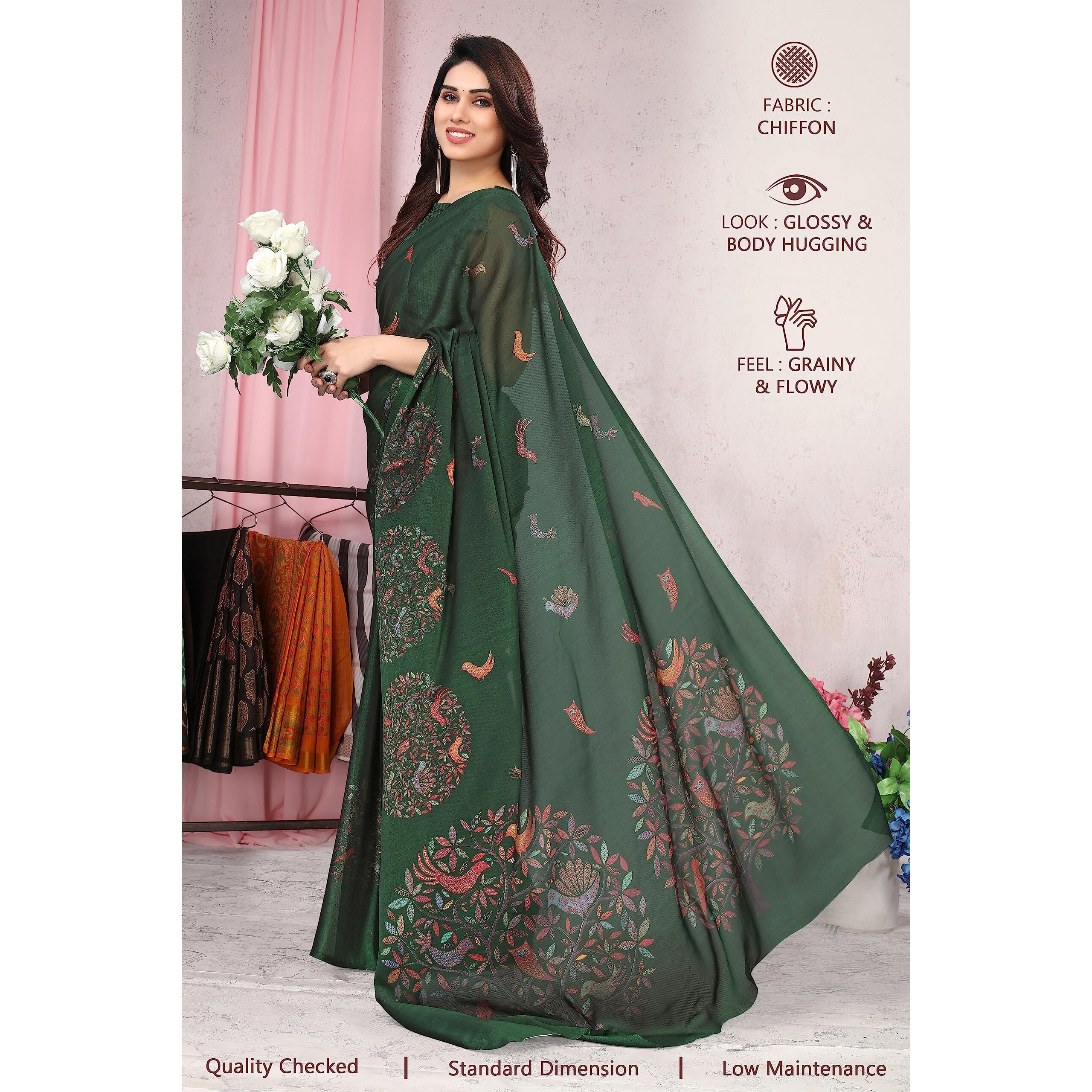 MIRCHI FASHION Womens Plain Weave Chiffon Madhubani Printed Saree with Blouse Piece (37964-Green, Multi)