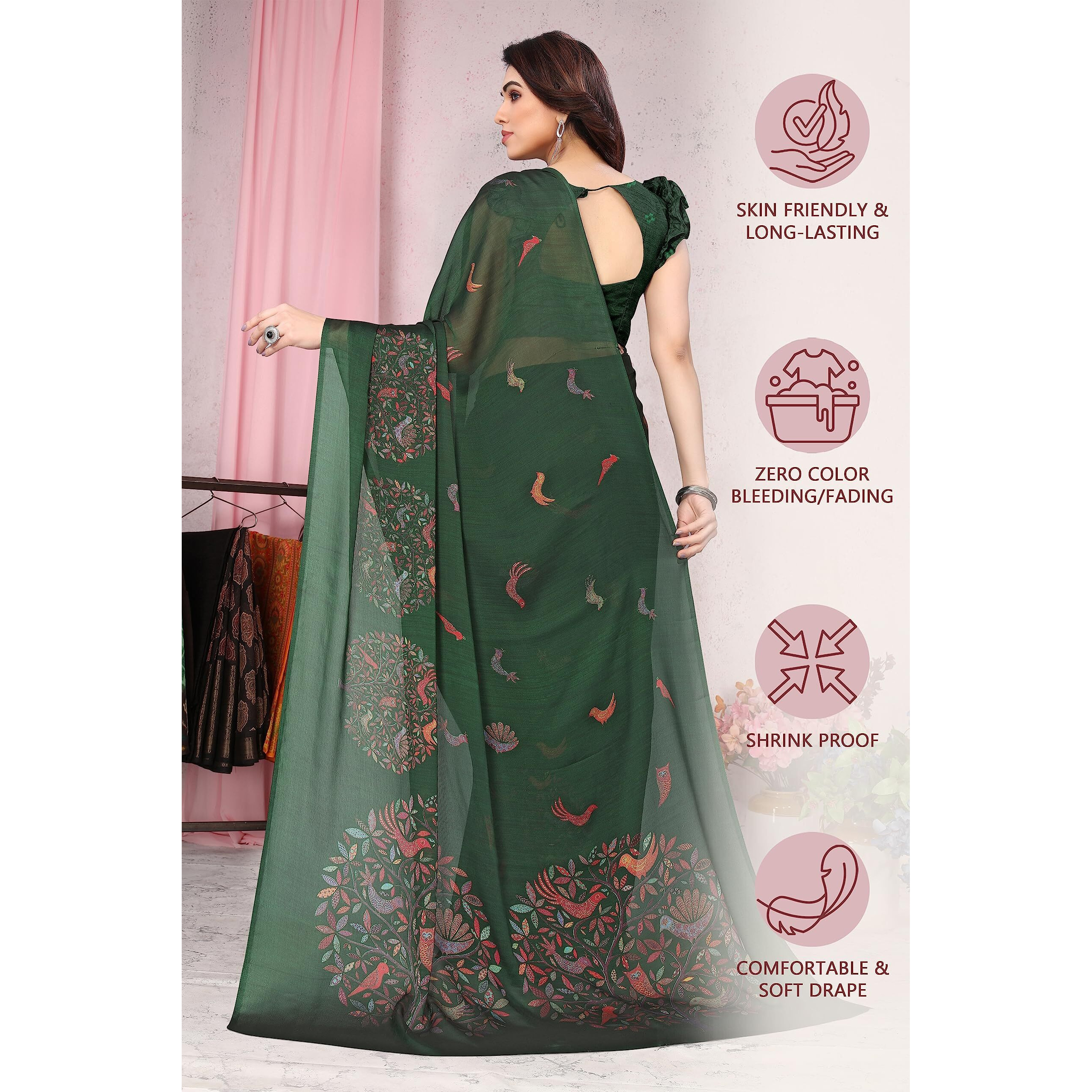 MIRCHI FASHION Womens Plain Weave Chiffon Madhubani Printed Saree with Blouse Piece (37964-Green, Multi)