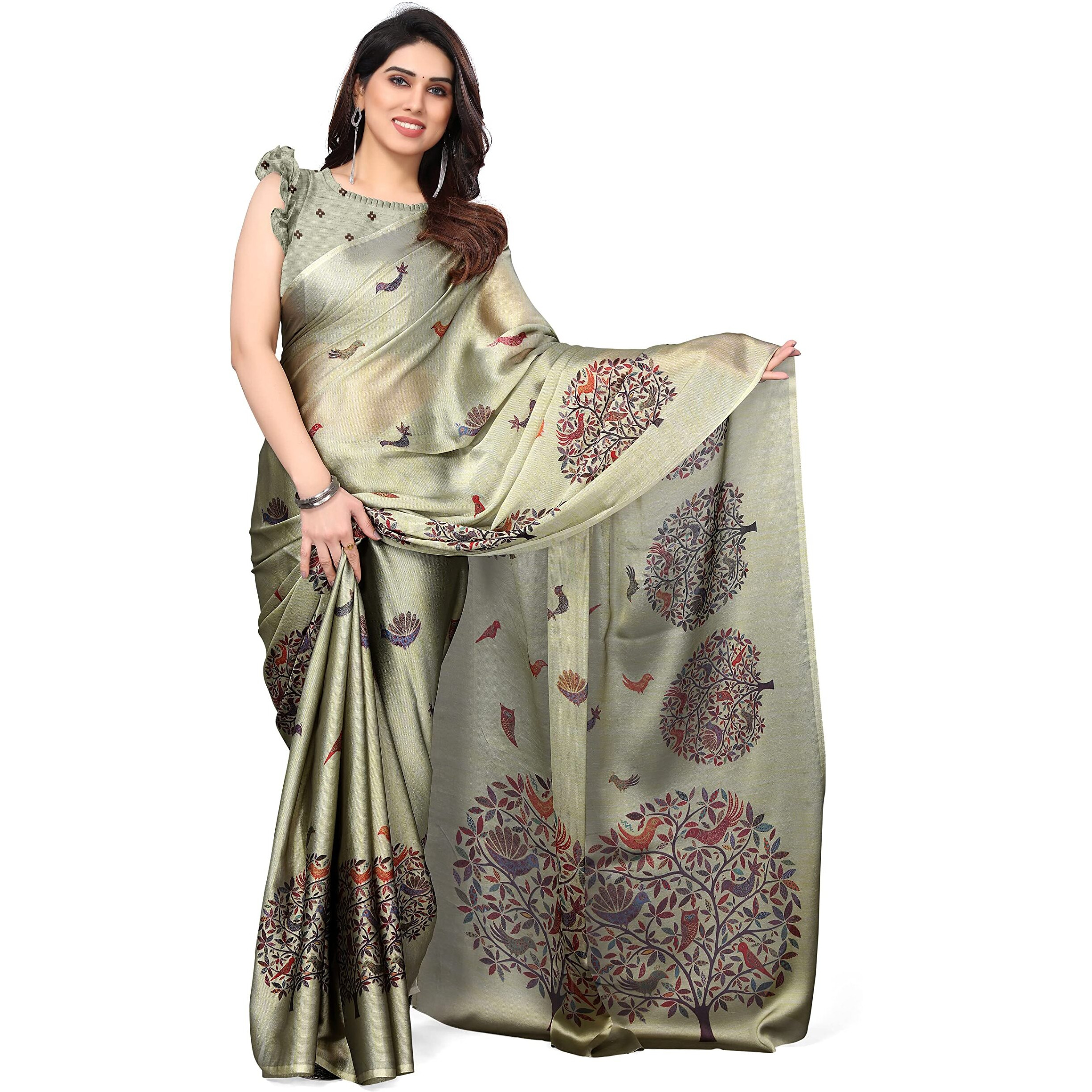 MIRCHI FASHION Womens Plain Weave Chiffon Madhubani Printed Saree with Blouse Piece (37961-Olive)