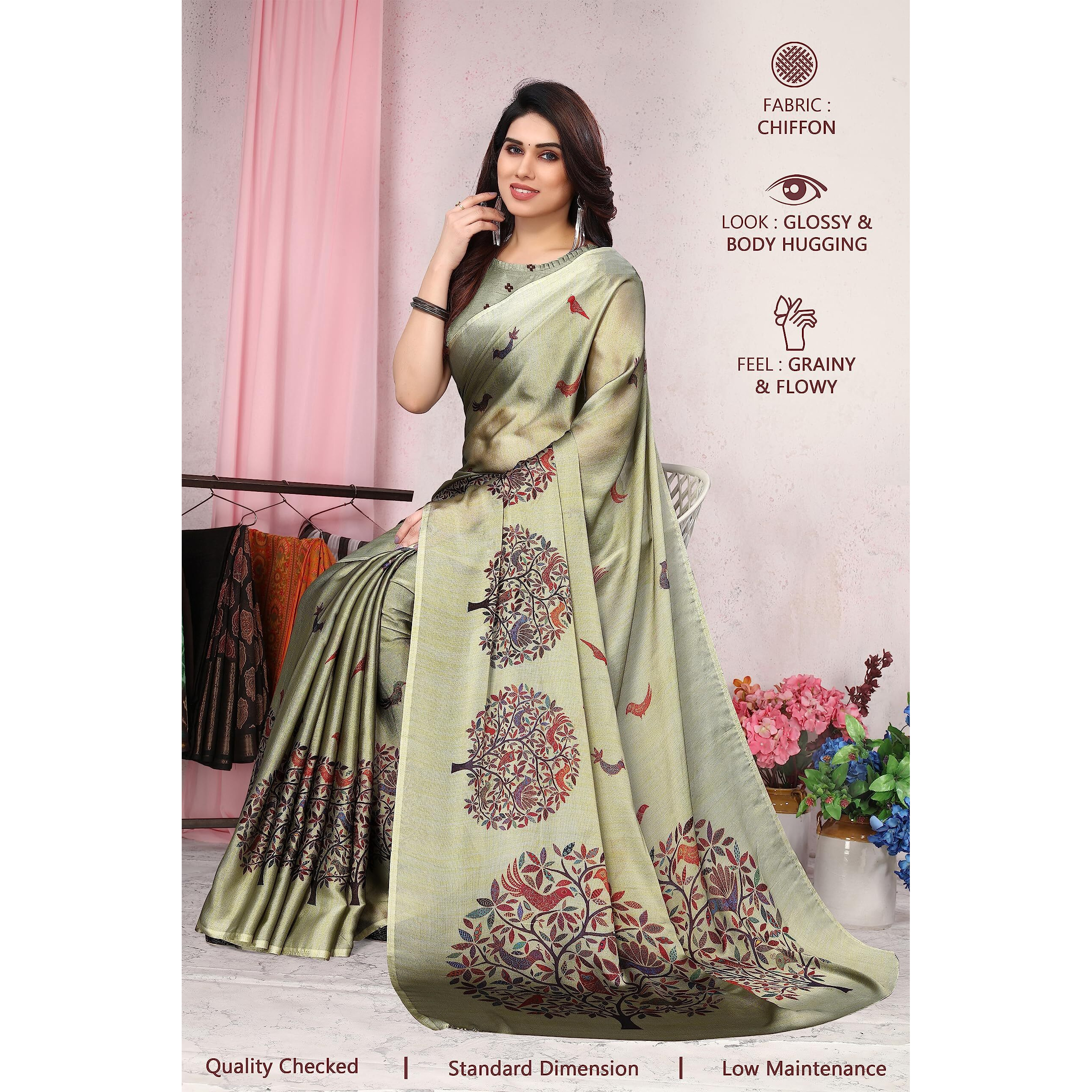 MIRCHI FASHION Womens Plain Weave Chiffon Madhubani Printed Saree with Blouse Piece (37961-Olive)