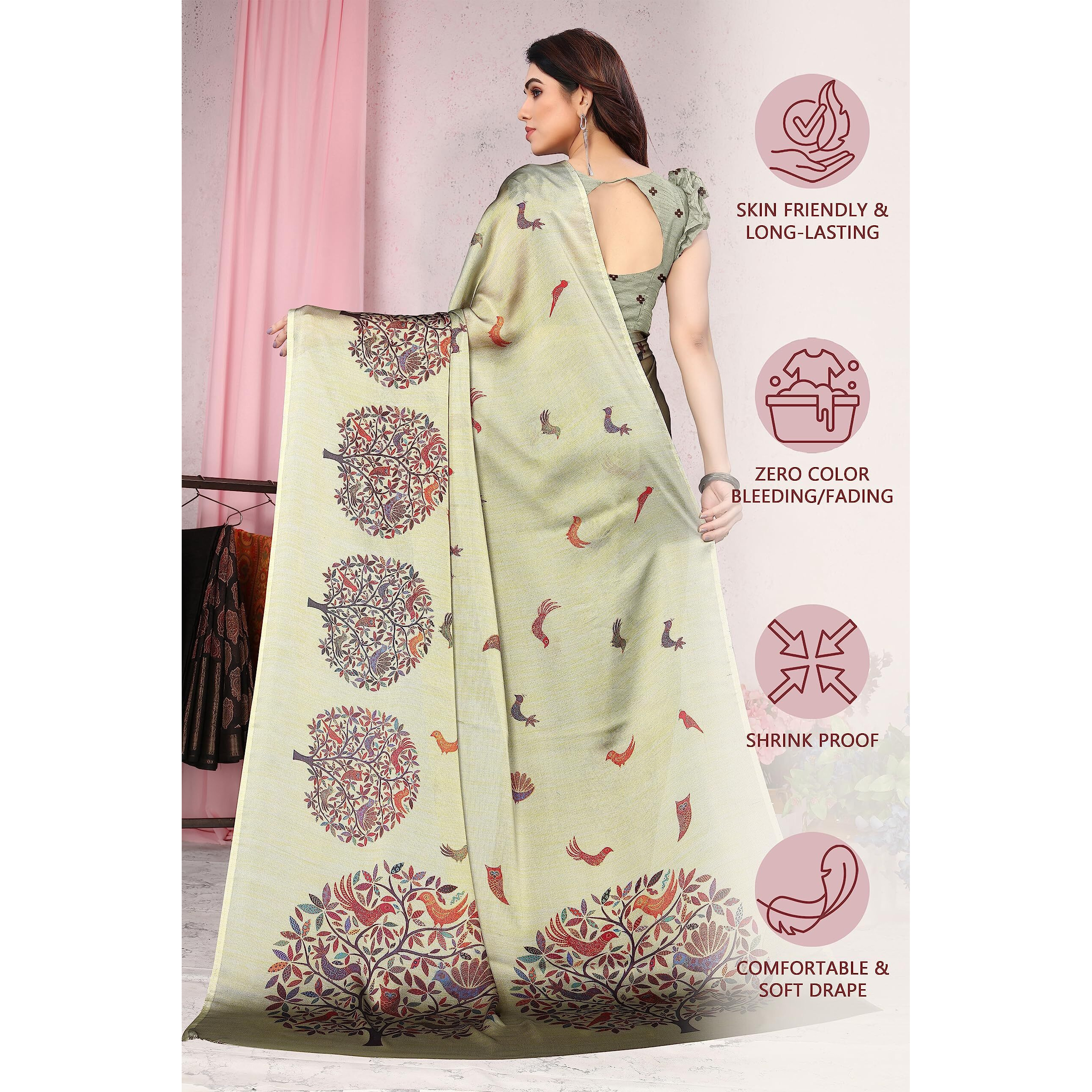 MIRCHI FASHION Womens Plain Weave Chiffon Madhubani Printed Saree with Blouse Piece (37961-Olive)