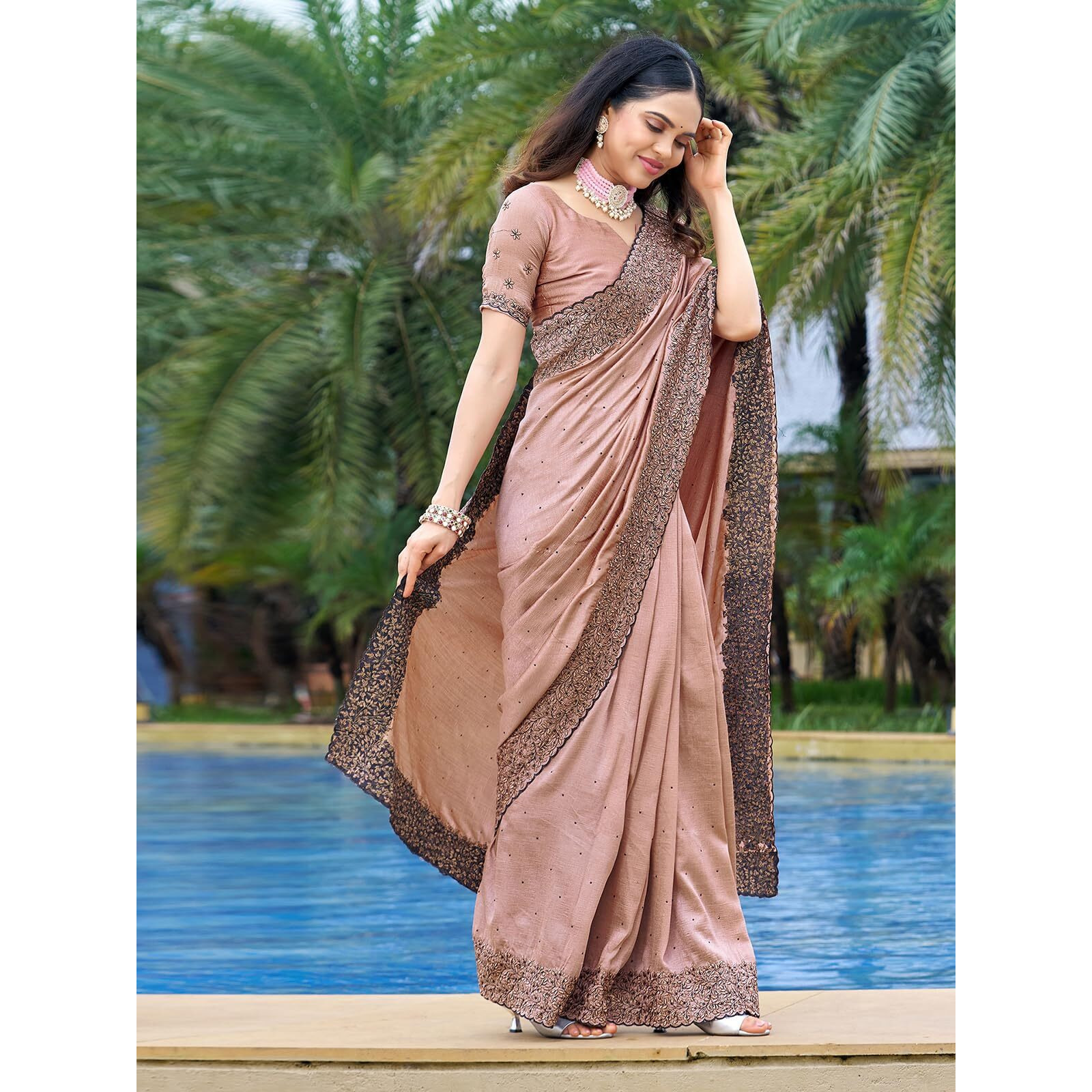 SIRIL Womens Embroidery Stone Work Vichitra Silk Saree with Unstitched Blouse Piece (3351S371_Light Rust)