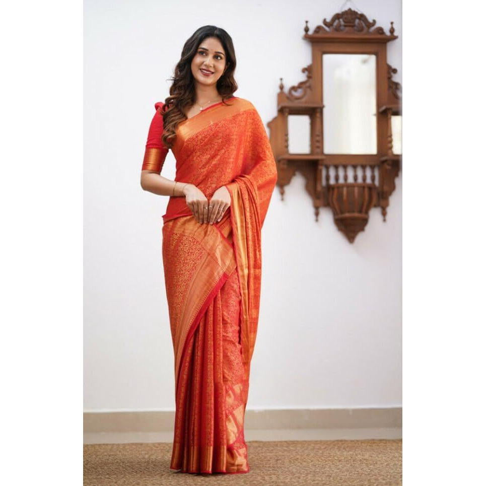 Flosive Womens Kanjivaram Silk Saree With Handloom Weaving Work With Blouse (ORANGE)