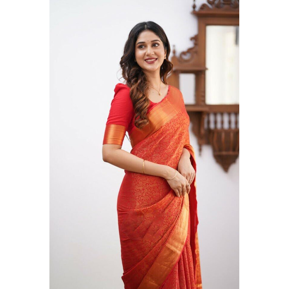 Flosive Womens Kanjivaram Silk Saree With Handloom Weaving Work With Blouse (ORANGE)