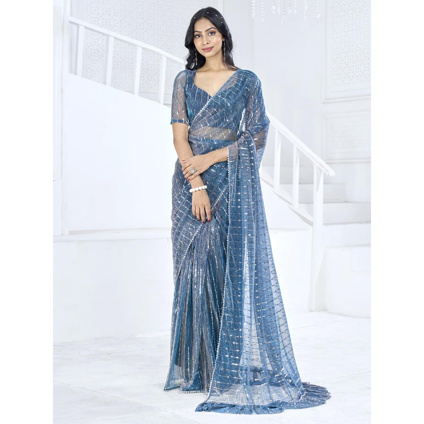 SAREE MALL Womens Lycra Embellished Printed Ready To Wear one Minute Saree With Unstitched Blouse Piece(Teal blue_RTWMAHEK5001D_MK)