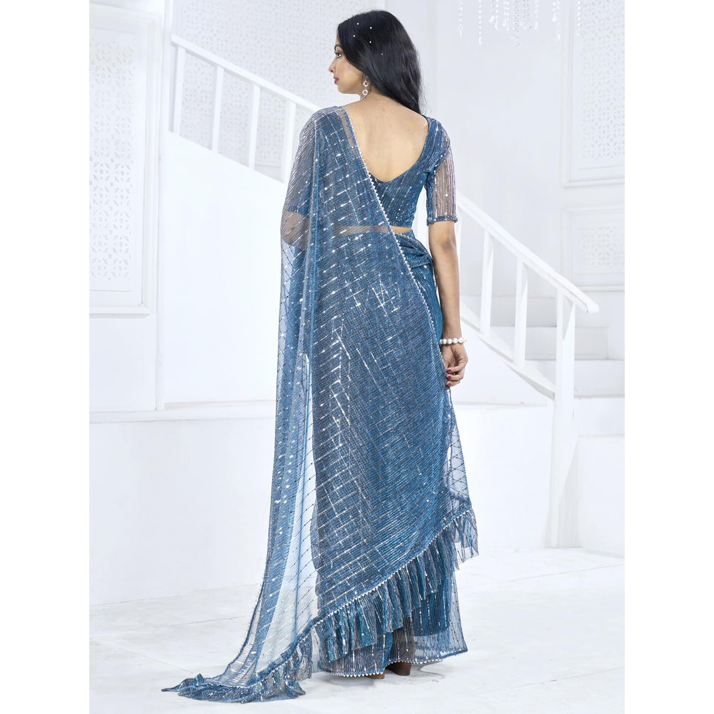 SAREE MALL Womens Lycra Embellished Printed Ready To Wear one Minute Saree With Unstitched Blouse Piece(Teal blue_RTWMAHEK5001D_MK)