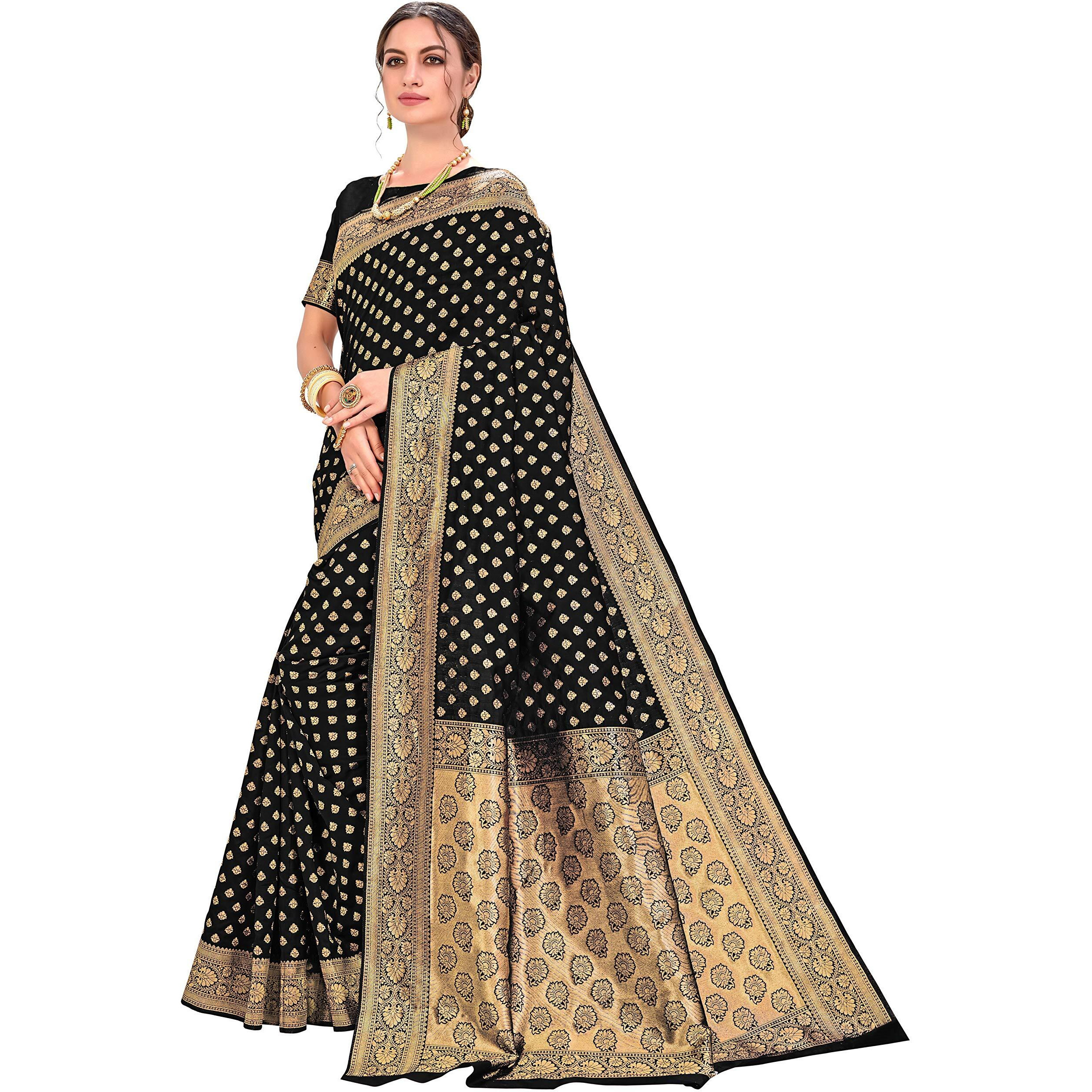 Glory Sarees Womens Jacquard Silk Blend Saree (kara128_Black