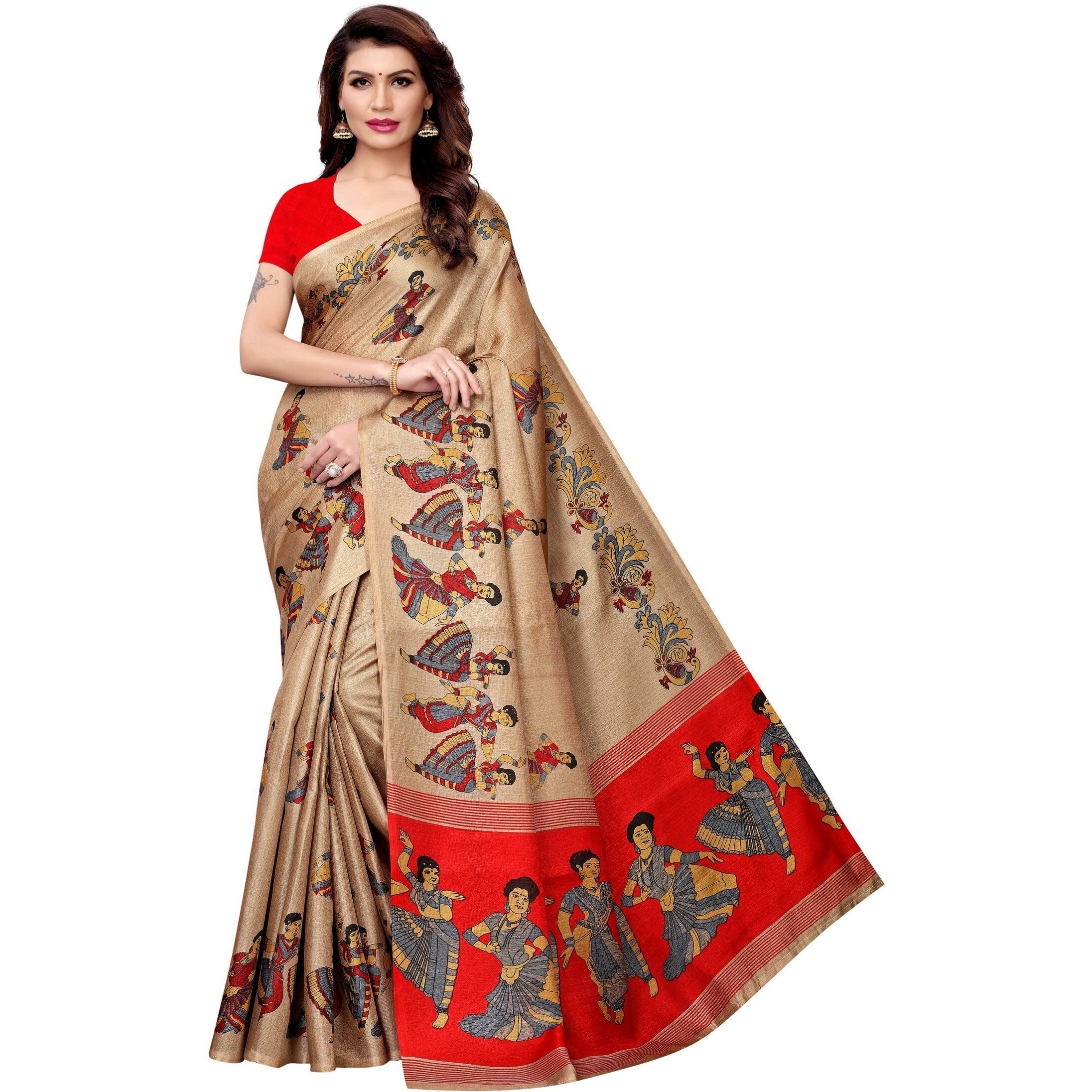 Yashika Womens Art Silk Kalamkari and Bhagalpuri Saree with Blouse Piece (SDPL-KATHAK CHIKU)