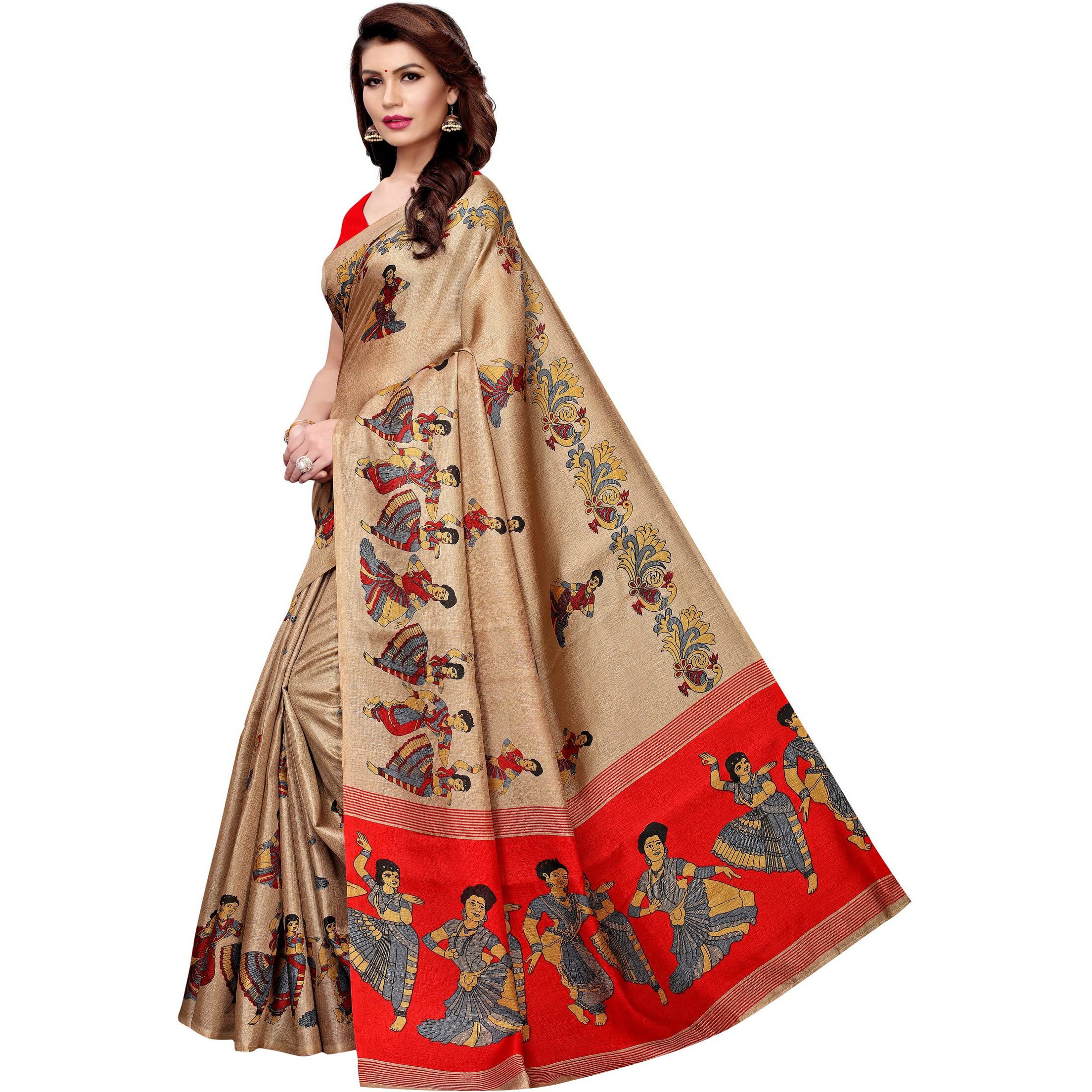 Yashika Womens Art Silk Kalamkari and Bhagalpuri Saree with Blouse Piece (SDPL-KATHAK CHIKU)