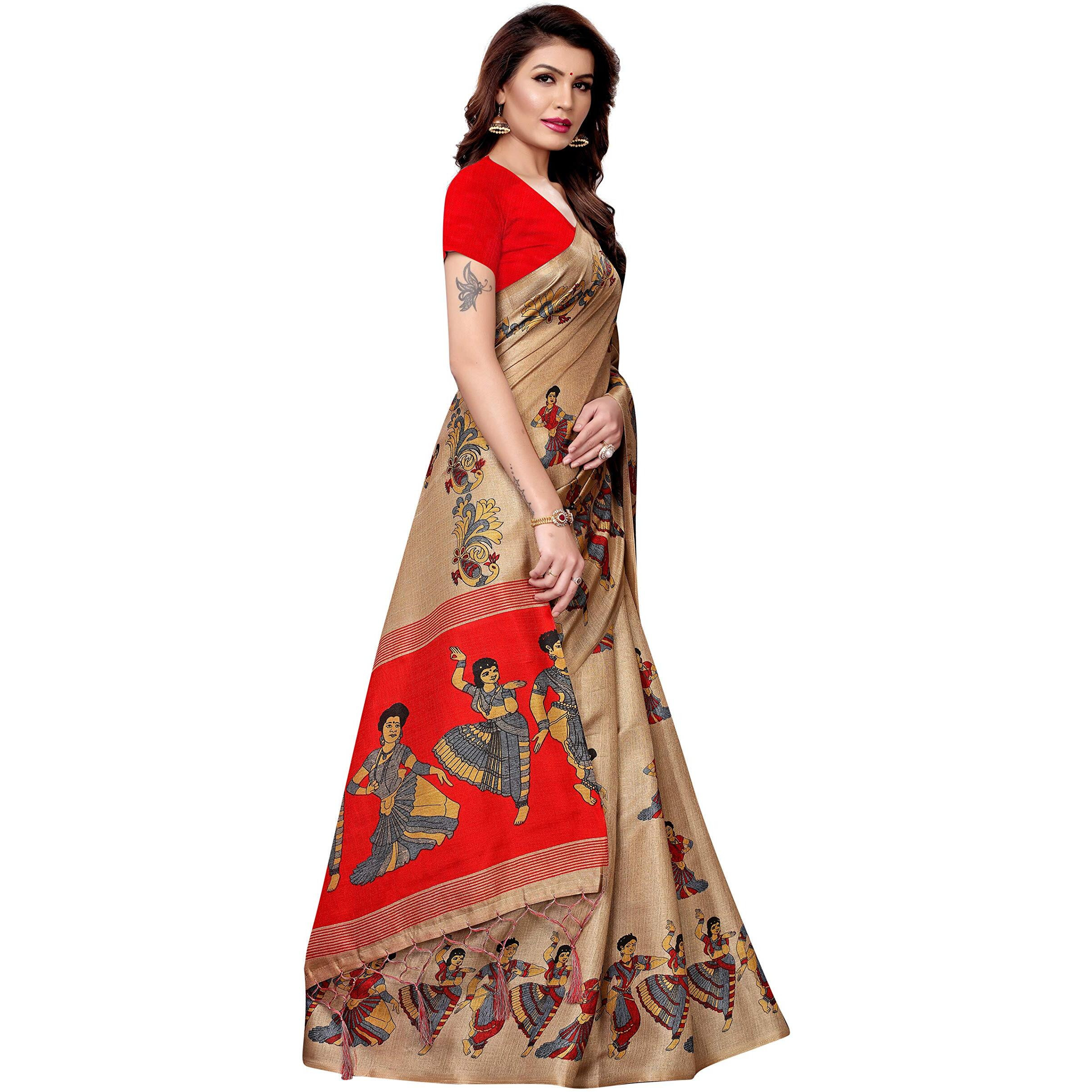 Yashika Womens Art Silk Kalamkari and Bhagalpuri Saree with Blouse Piece (SDPL-KATHAK CHIKU)