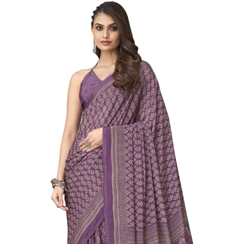 SIRIL Womens Printed Silk Crepe Saree with Unstitched Blouse Piece(2854S2404_Purple)