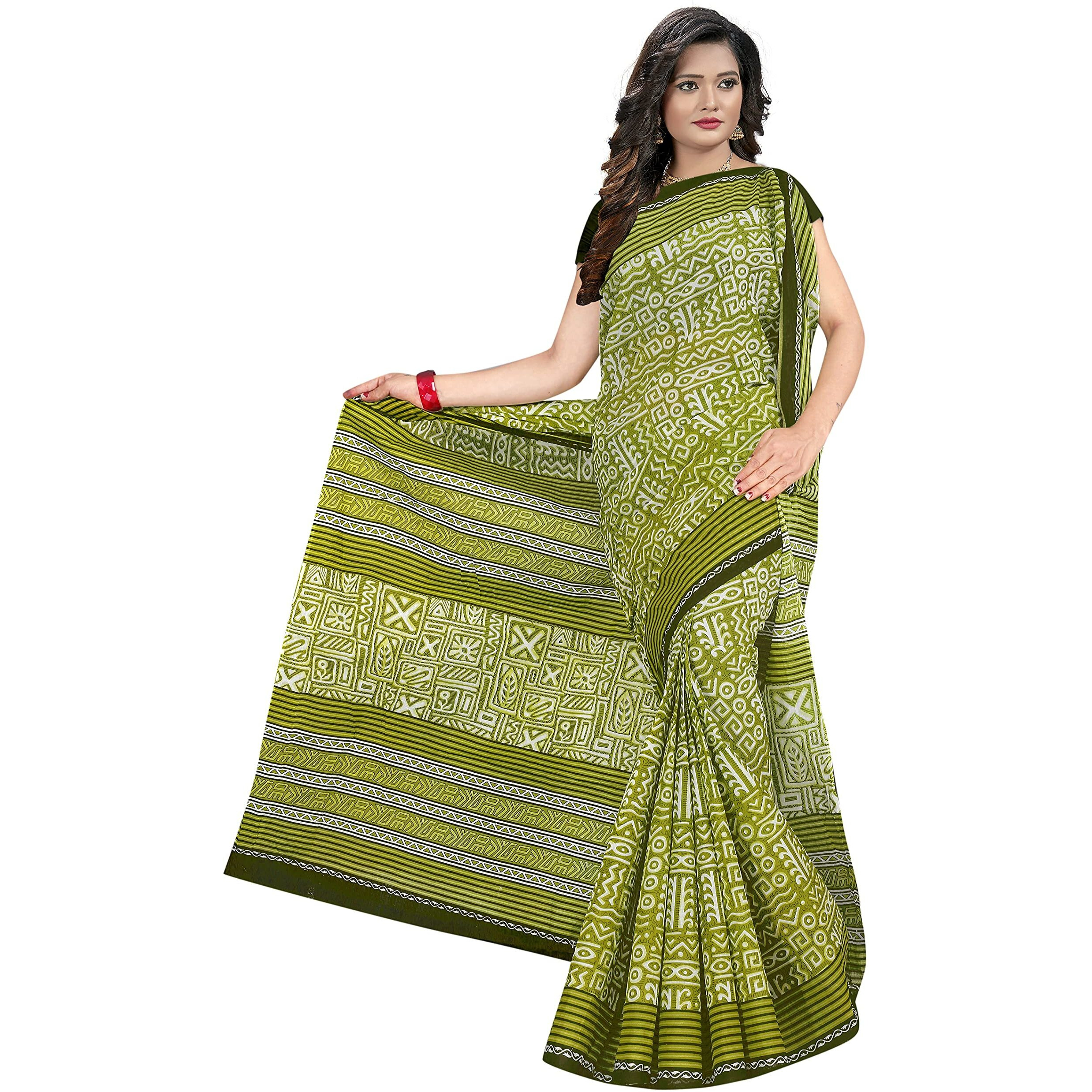 TAMAIRA FASHION Womens Plain Weave Pure Cotton Saree Without Blouse Piece(2203_Green)