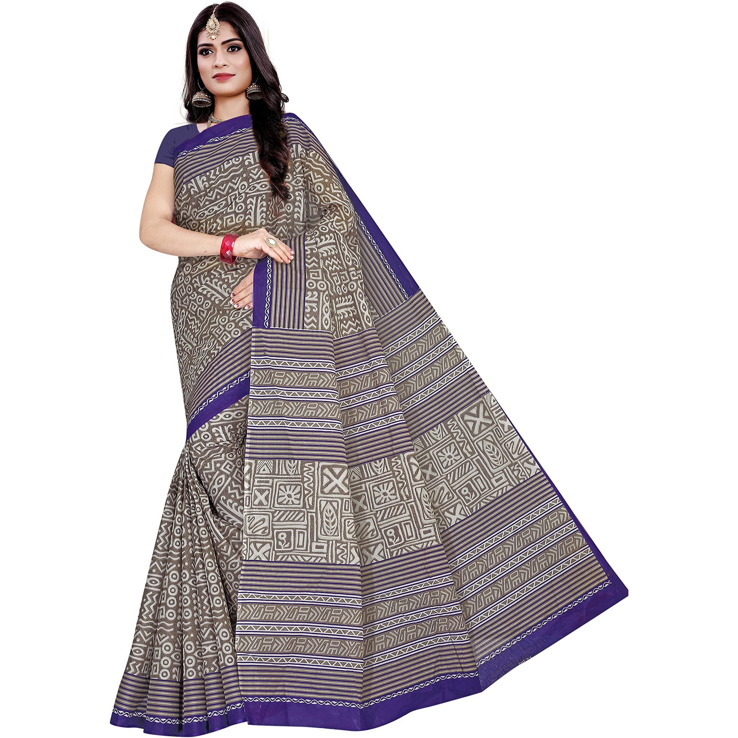 TAMAIRA FASHION Womens Plain Weave Pure Cotton Saree Without Blouse Piece(2203_GreyandBlue)