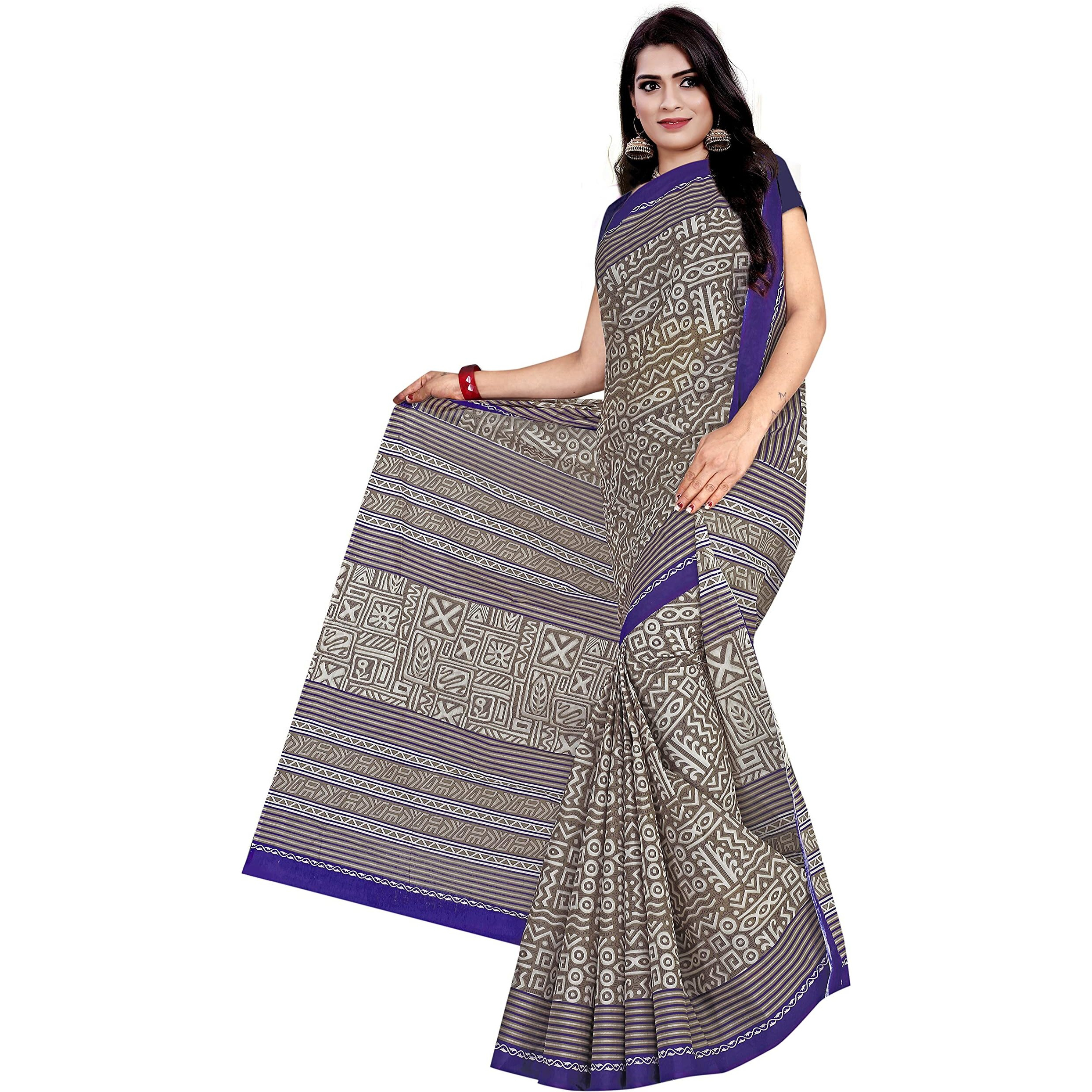 TAMAIRA FASHION Womens Plain Weave Pure Cotton Saree Without Blouse Piece(2203_GreyandBlue)