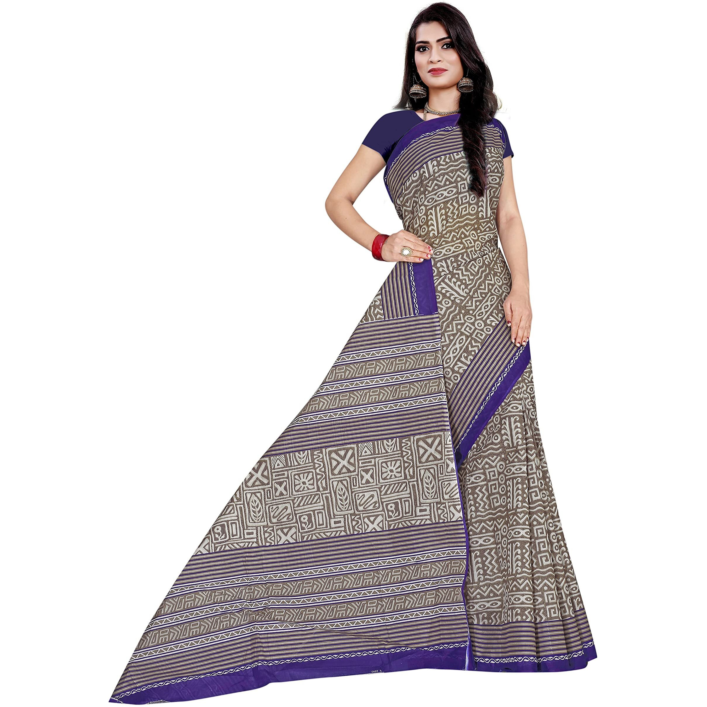 TAMAIRA FASHION Womens Plain Weave Pure Cotton Saree Without Blouse Piece(2203_GreyandBlue)