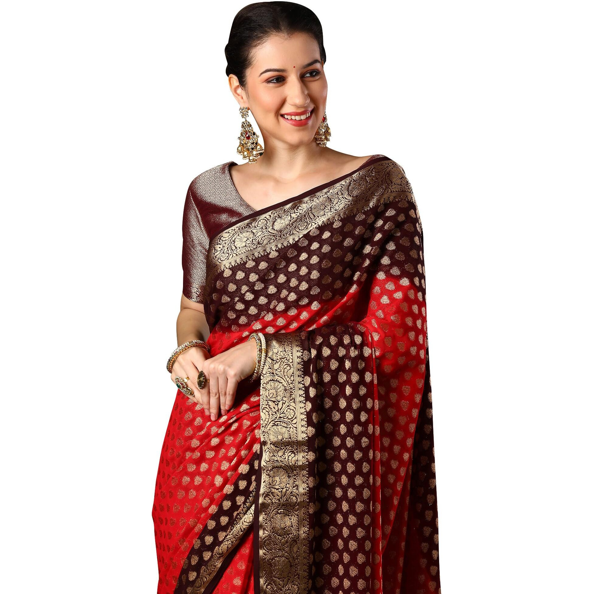 AKHILAM Womens Red Georgette Zari Woven Design Saree with Unstitched Blouse Piece (ARYA2701_FL)