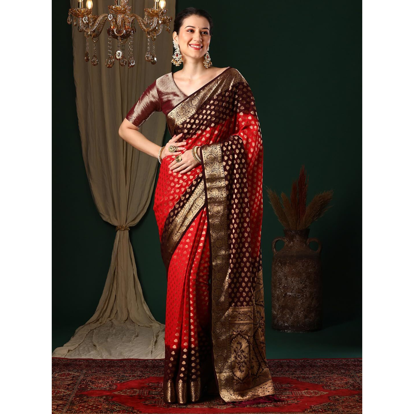 AKHILAM Womens Red Georgette Zari Woven Design Saree with Unstitched Blouse Piece (ARYA2701_FL)