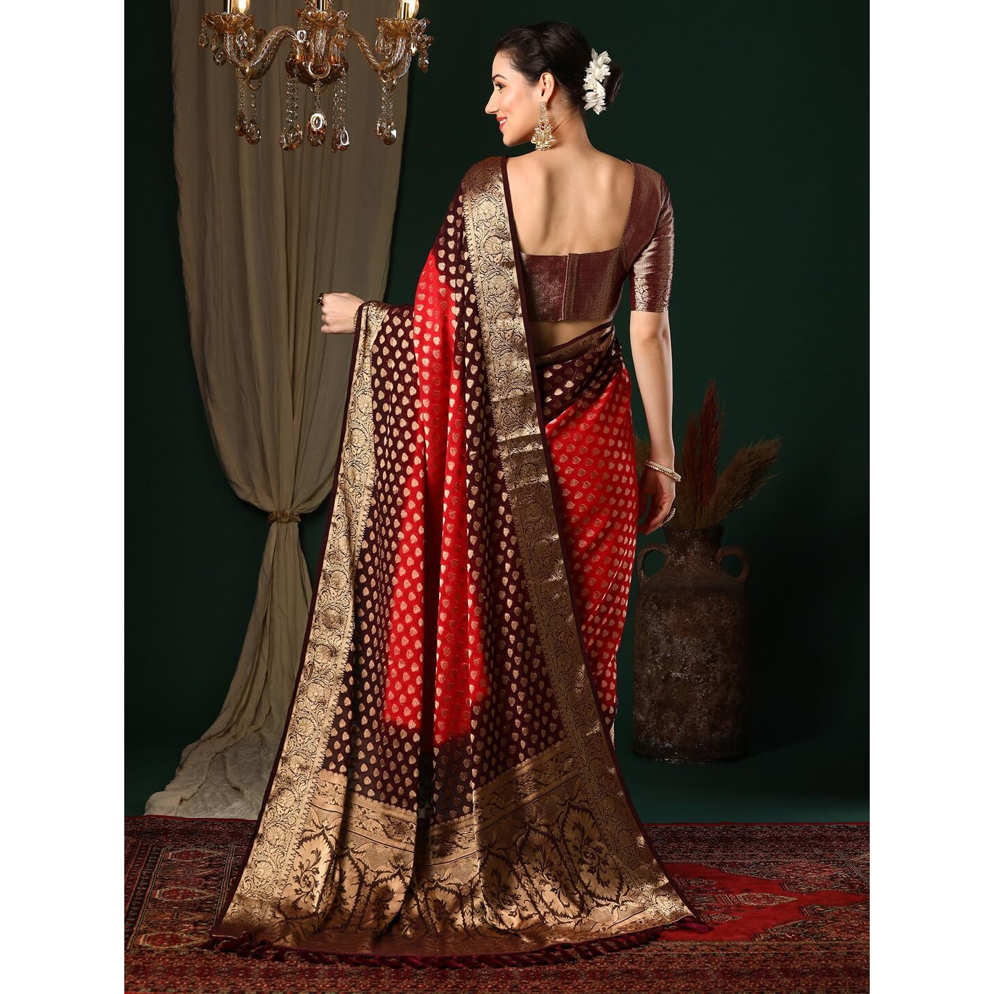 AKHILAM Womens Red Georgette Zari Woven Design Saree with Unstitched Blouse Piece (ARYA2701_FL)