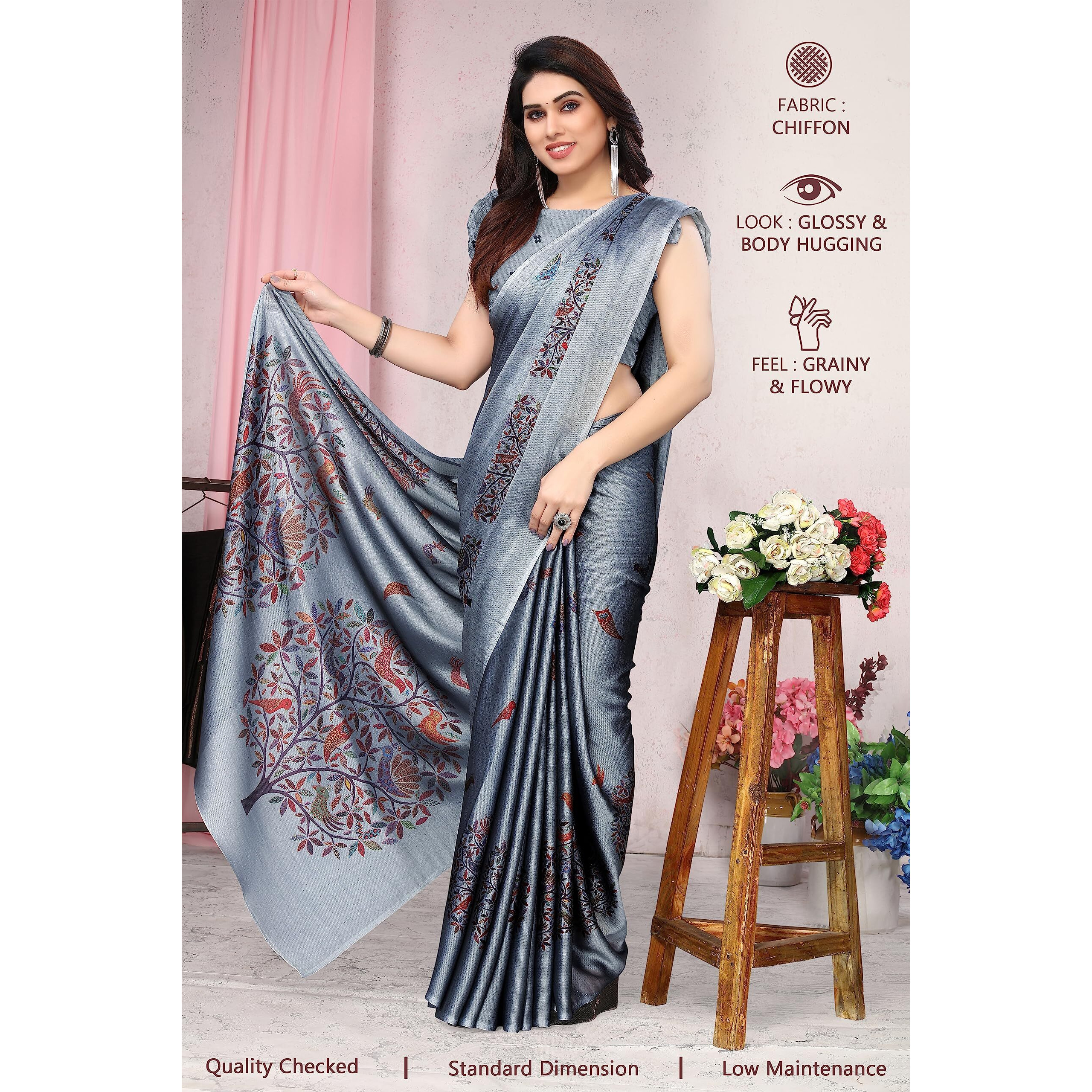 MIRCHI FASHION Womens Plain Weave Chiffon Madhubani Printed Saree with Blouse Piece (37962-Grey, Multi)
