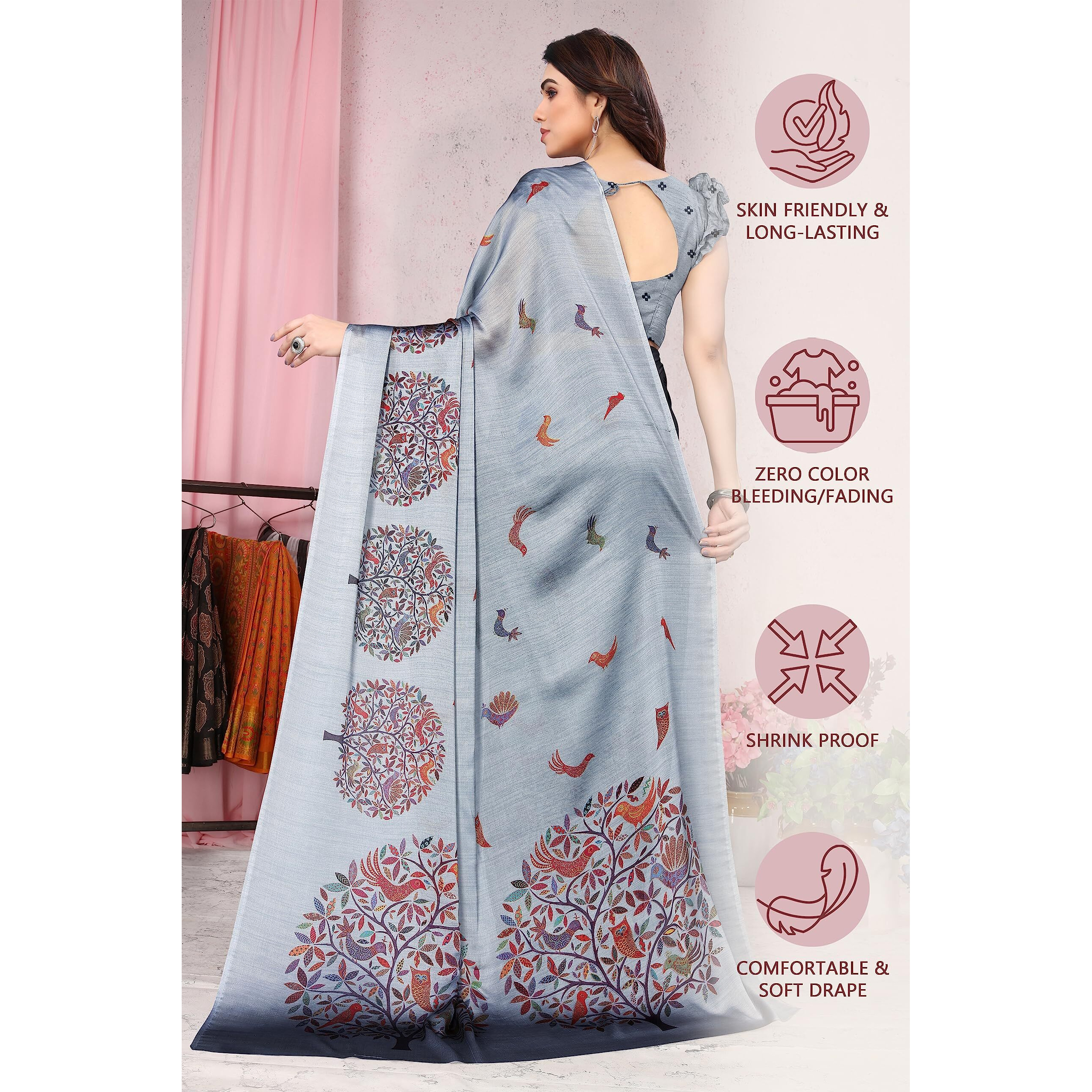 MIRCHI FASHION Womens Plain Weave Chiffon Madhubani Printed Saree with Blouse Piece (37962-Grey, Multi)