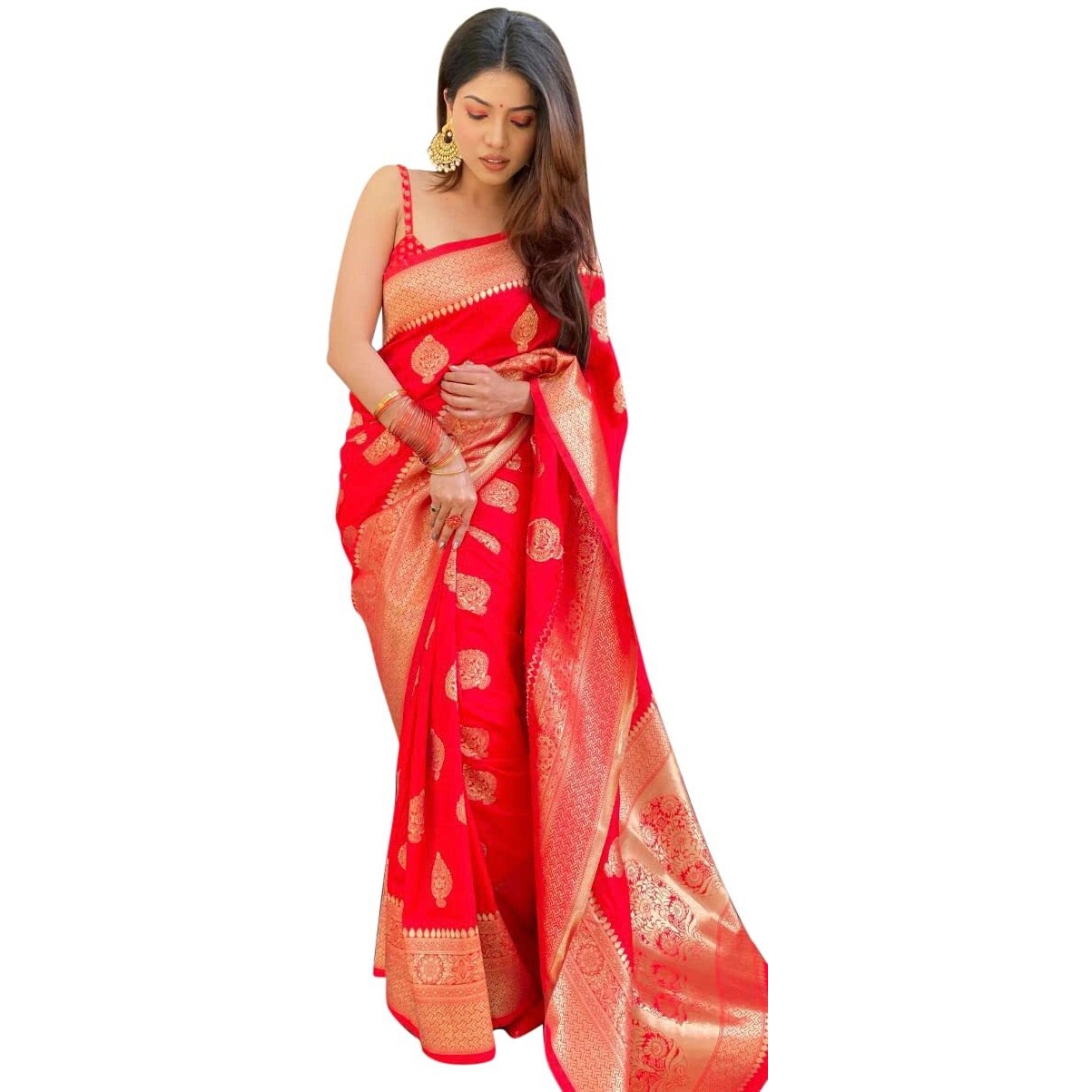 Shiv Textiles Womens Banarasi Silk Saree With Unstitched Blouse (Red)