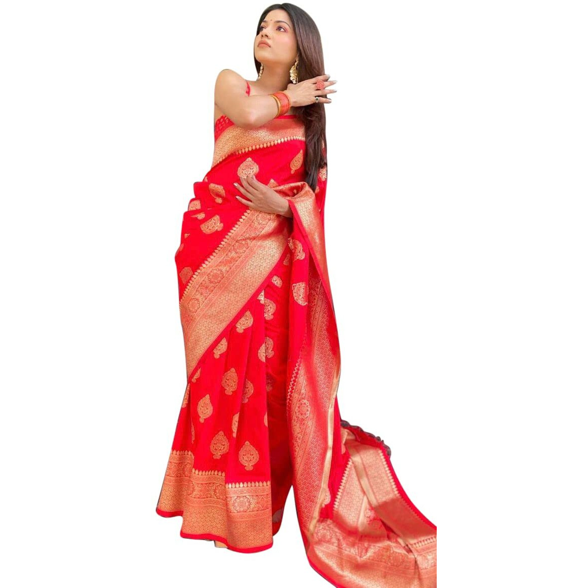 Shiv Textiles Womens Banarasi Silk Saree With Unstitched Blouse (Red)