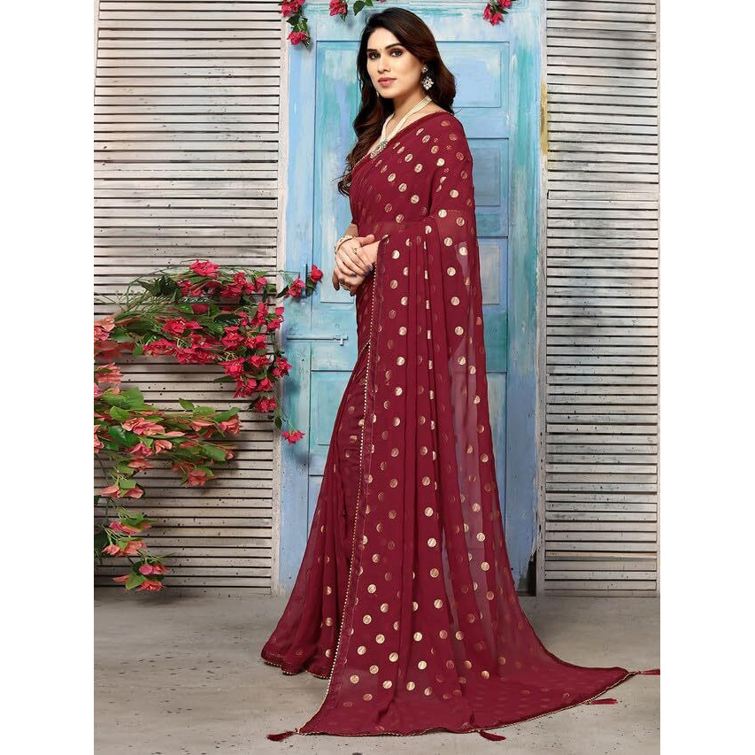 Satrani Womens Georgette Foil Printed & Lace Saree with Unstitched Blouse Piece (3184S2261NA_Maroon2)