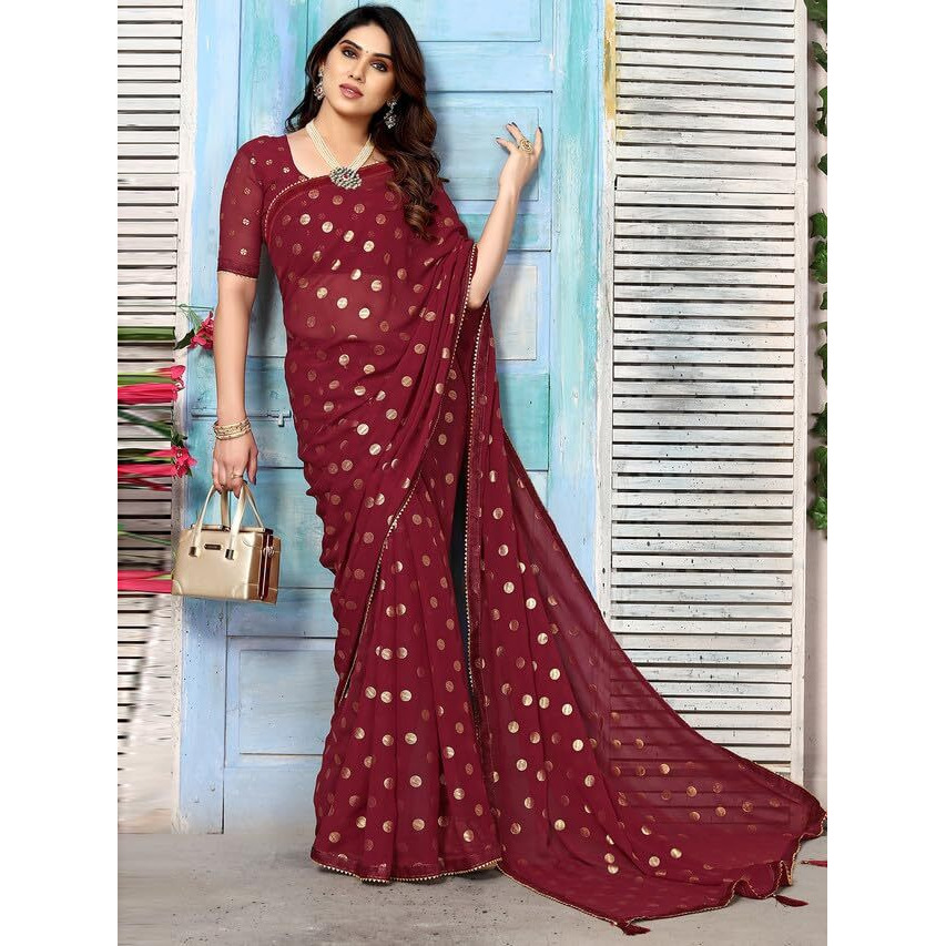 Satrani Womens Georgette Foil Printed & Lace Saree with Unstitched Blouse Piece (3184S2261NA_Maroon2)