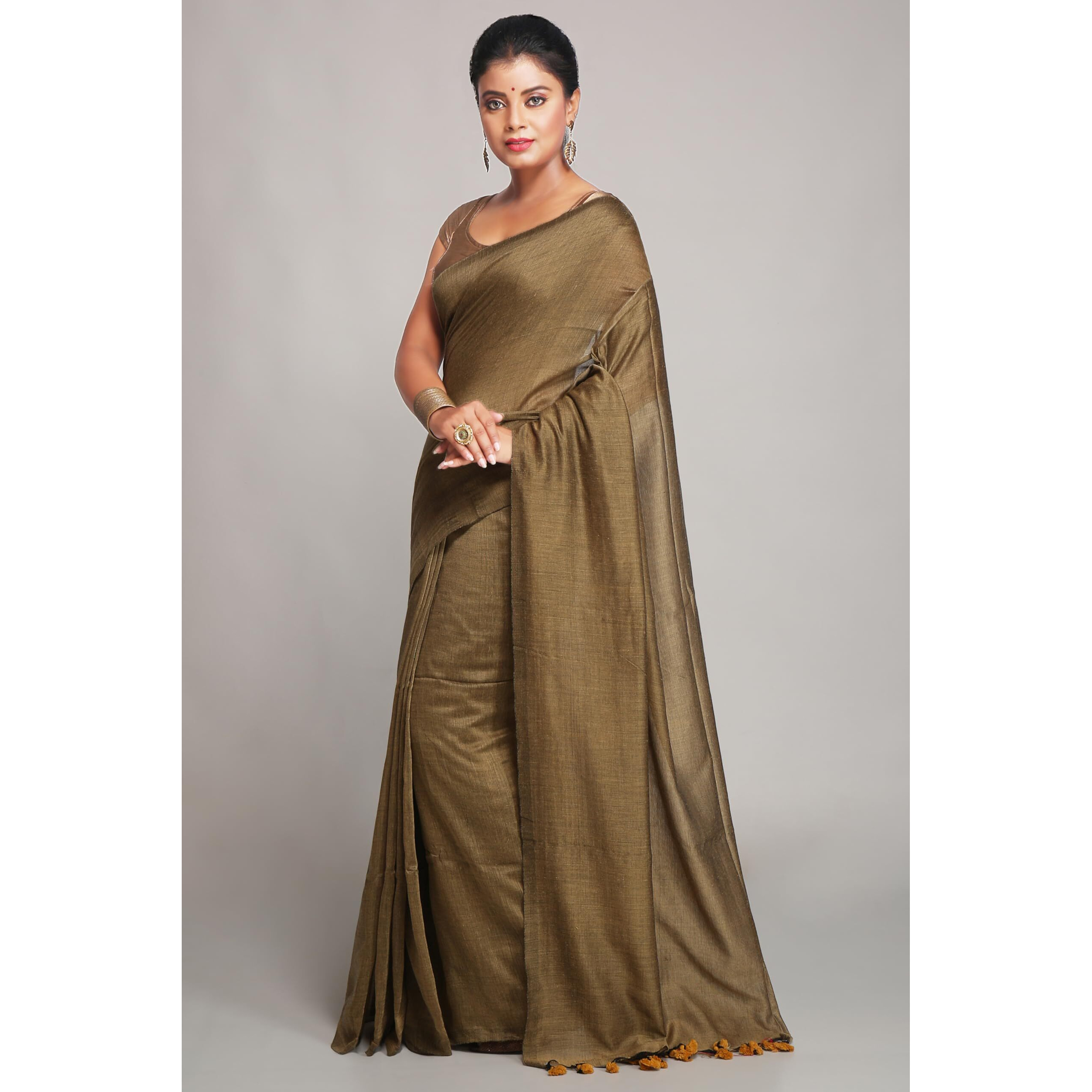 BENGAL HANDLOOM Pure Premium Cotton Saree With Blouse Piece (Beige, Womens)