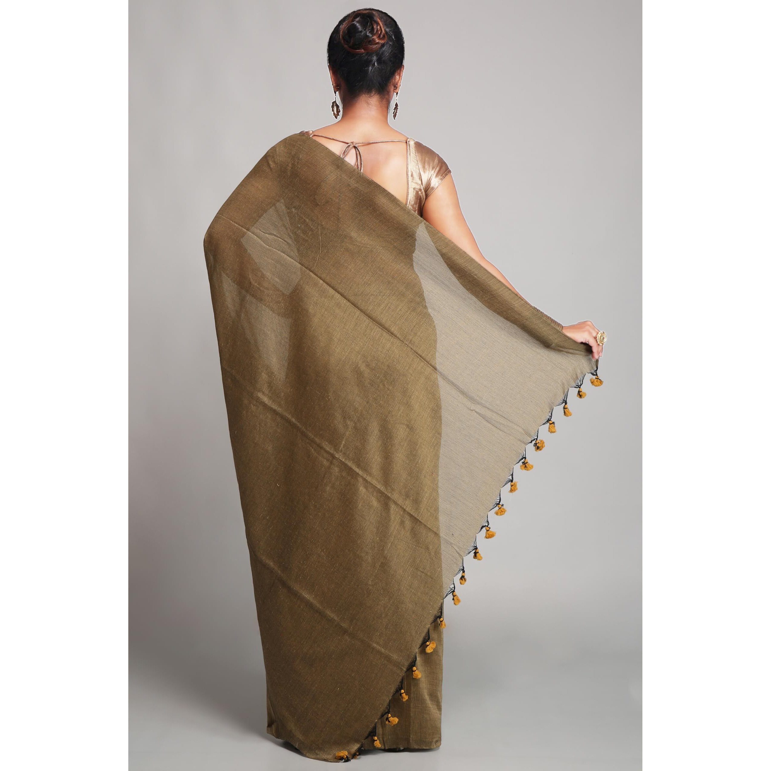 BENGAL HANDLOOM Pure Premium Cotton Saree With Blouse Piece (Beige, Womens)
