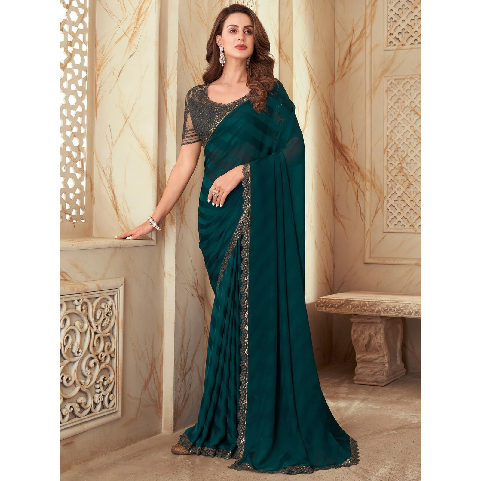 SIRIL Womens Self Woven With Dyed, Lace Chiffon Saree with Unstitched Blouse(2992S2676_Green)