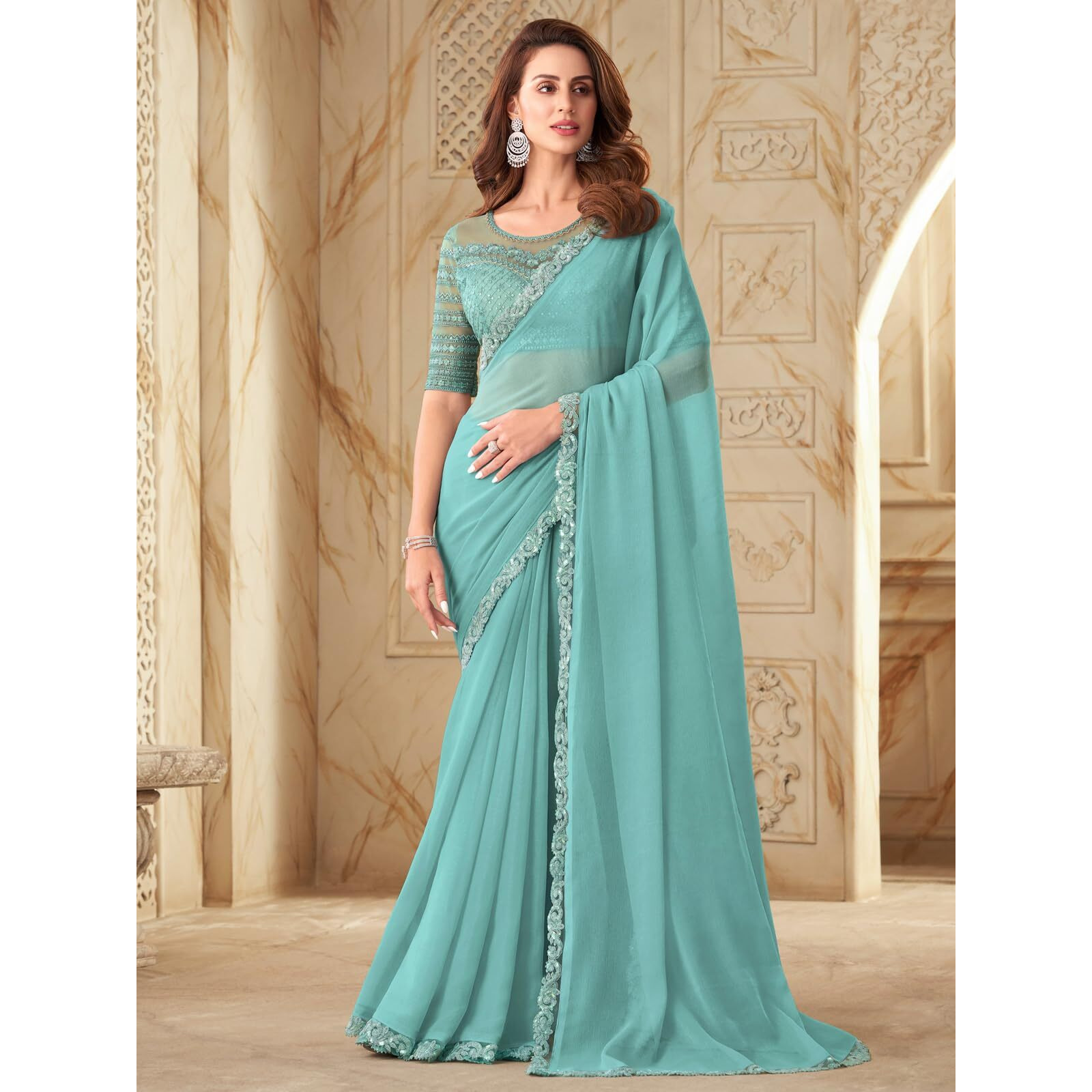 SIRIL Womens Dyed, Lace Chiffon Saree with Unstitched Blouse(2992S2673_Light Blue)