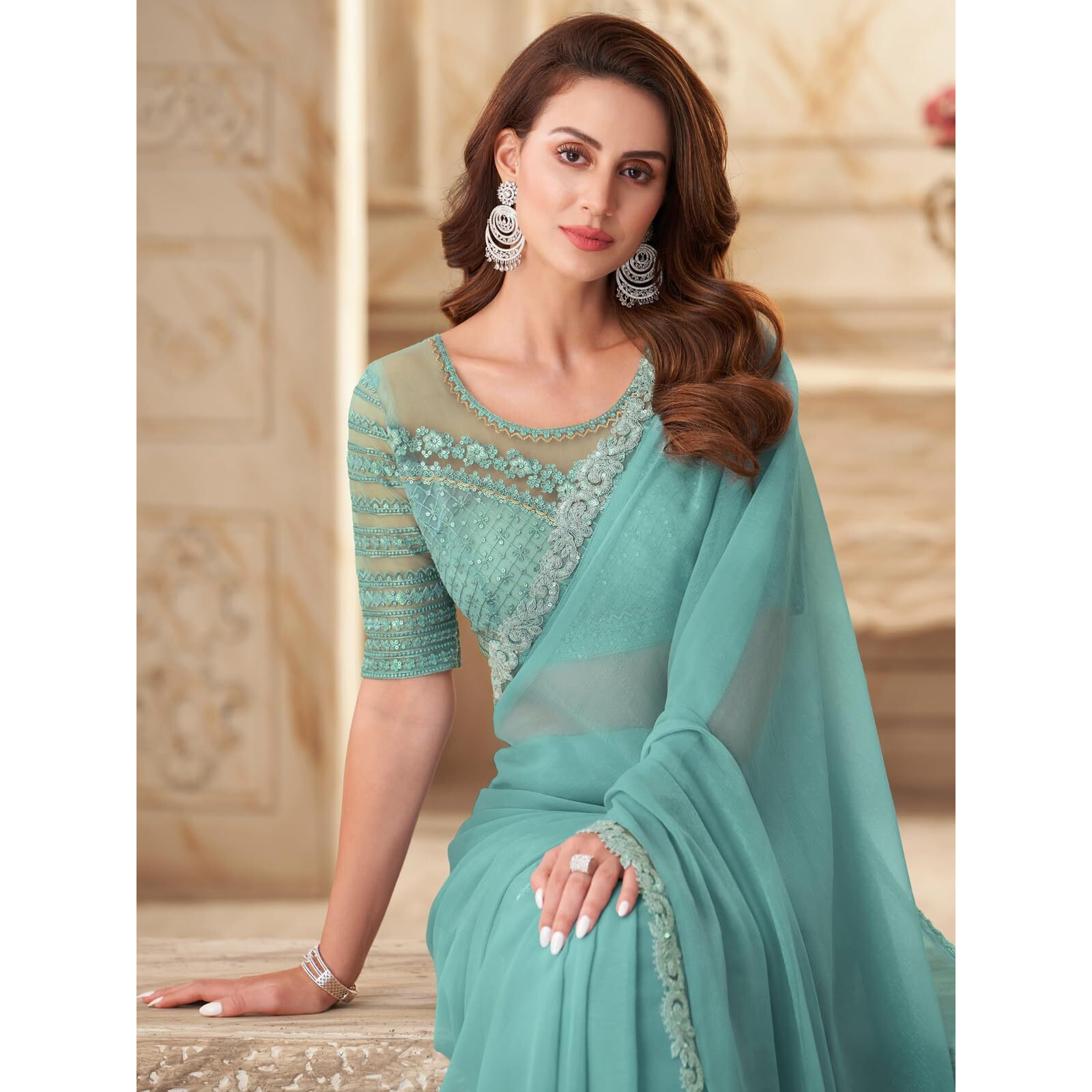 SIRIL Womens Dyed, Lace Chiffon Saree with Unstitched Blouse(2992S2673_Light Blue)