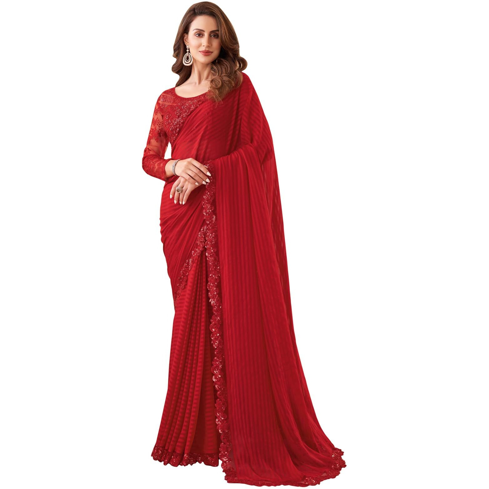 SIRIL Womens Self Woven, Lace Georgette Saree with Unstitched Blouse(2992S2671_Red)