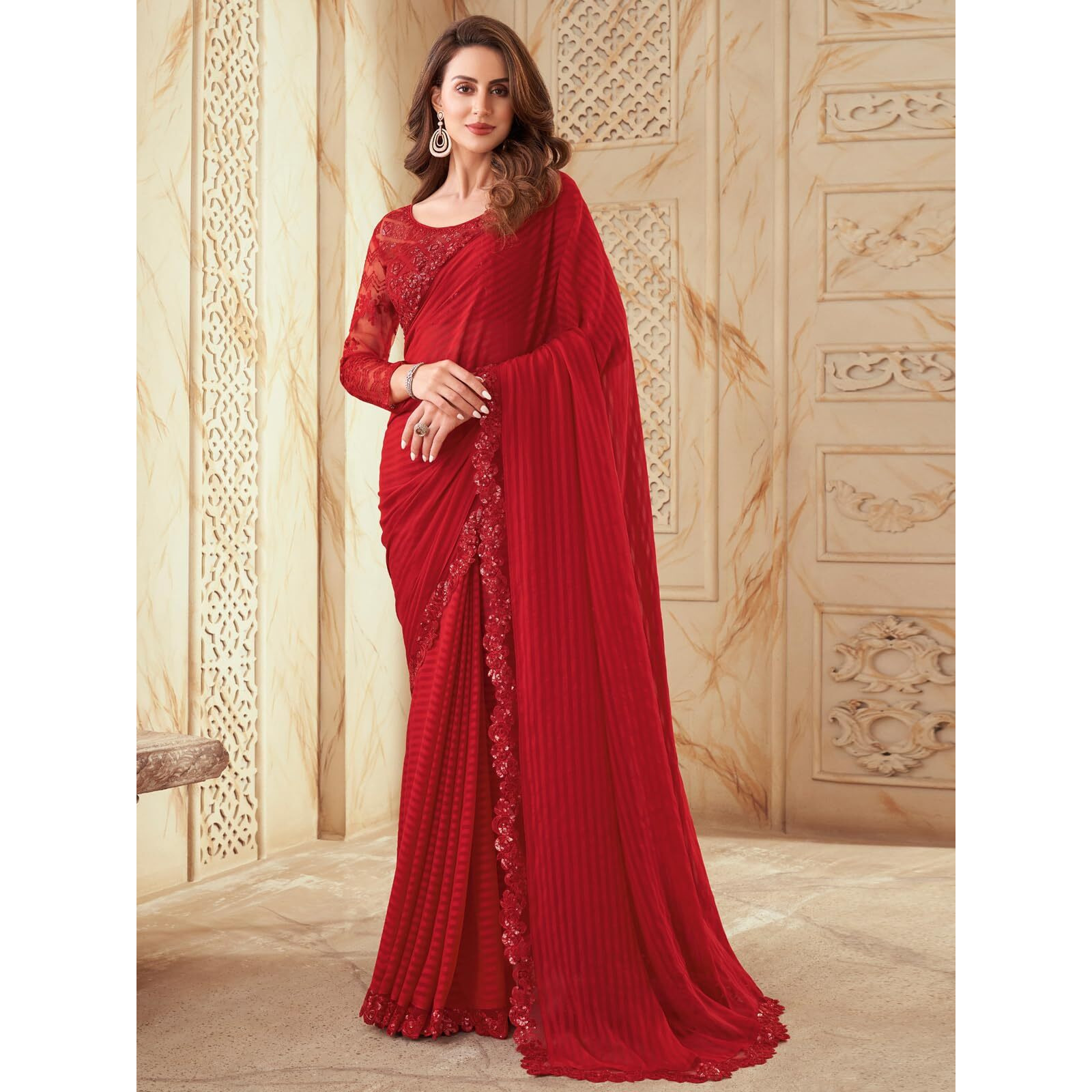 SIRIL Womens Self Woven, Lace Georgette Saree with Unstitched Blouse(2992S2671_Red)