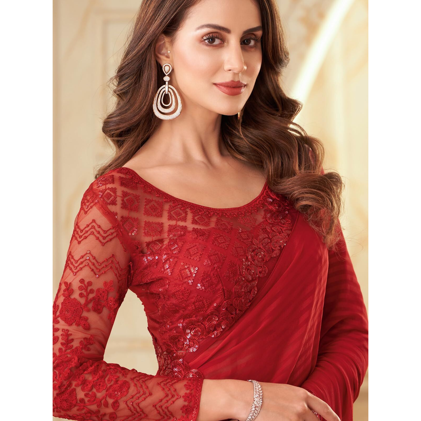 SIRIL Womens Self Woven, Lace Georgette Saree with Unstitched Blouse(2992S2671_Red)