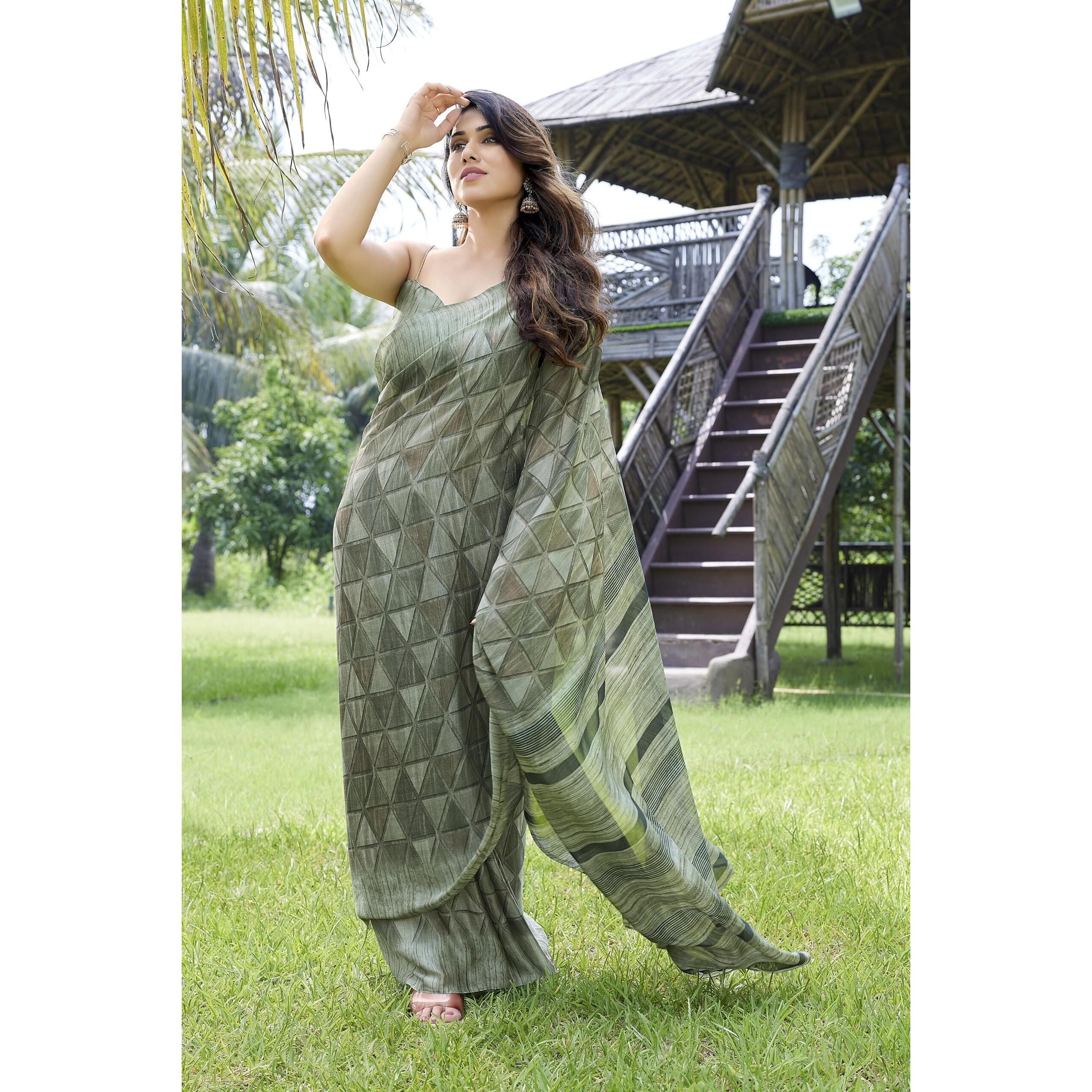 MIRCHI FASHION Womens Plain Weave Chiffon Geometric Printed Saree with Blouse Piece (38127-Dusty Green)
