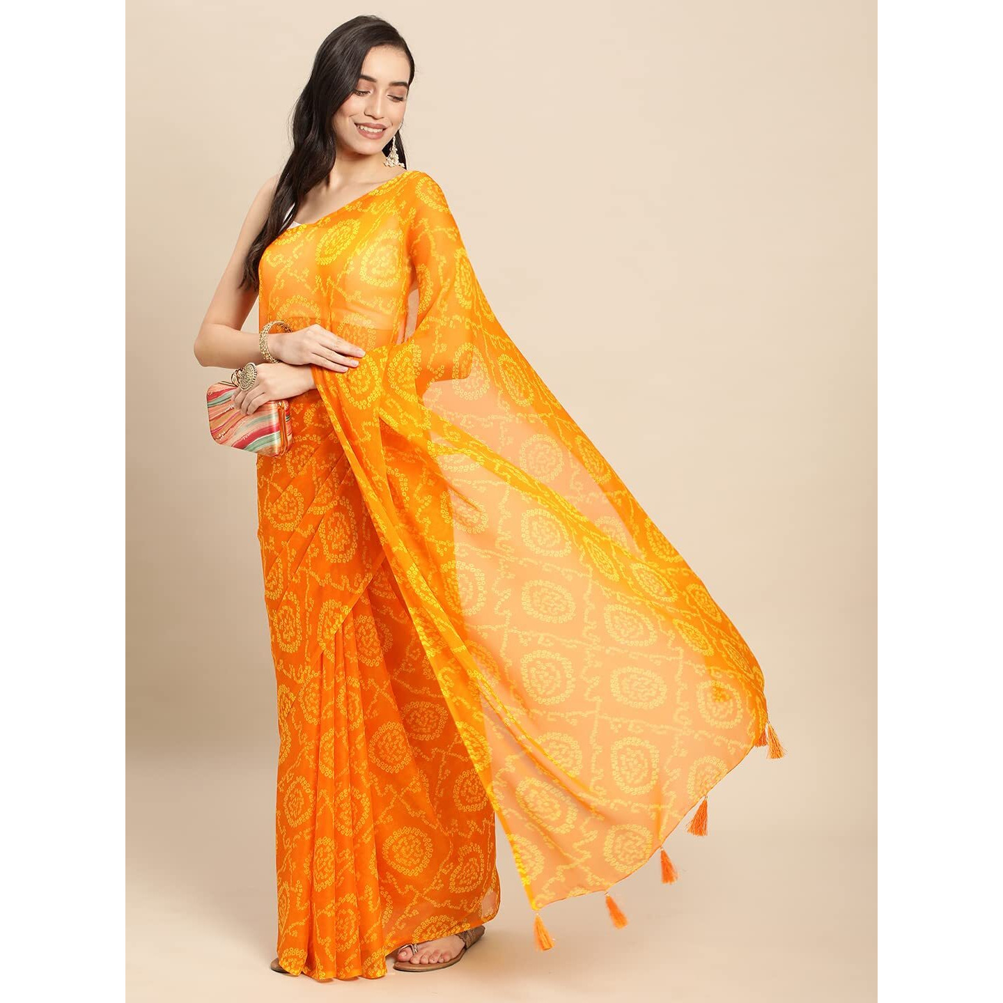 RANI SAAHIBA Womens Chiffon Bandhani Printed Saree Without Blouse (SSKR1959_Gold)