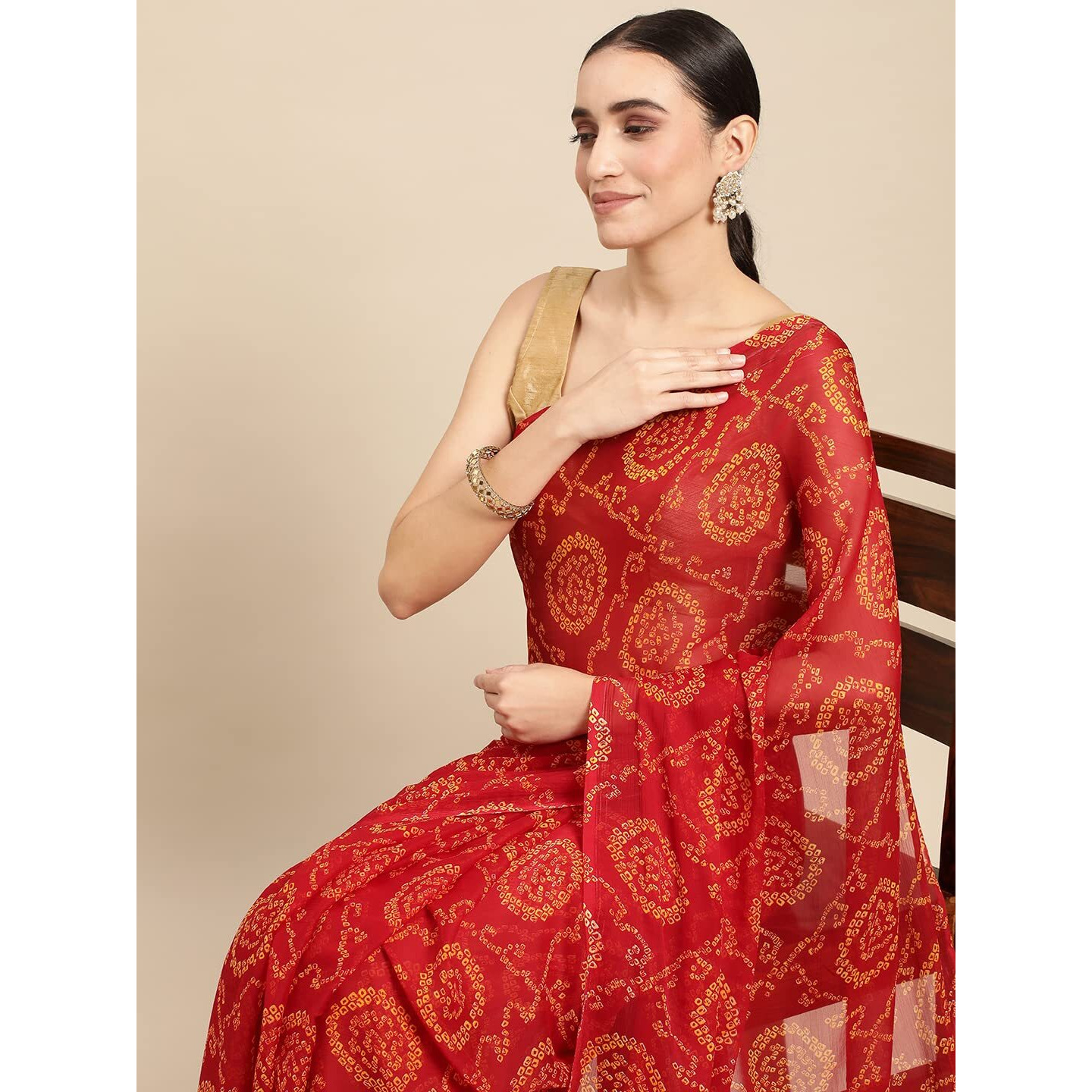 RANI SAAHIBA Womens Chiffon Bandhani Printed Saree Without Blouse (SSKR1962_Maroon)