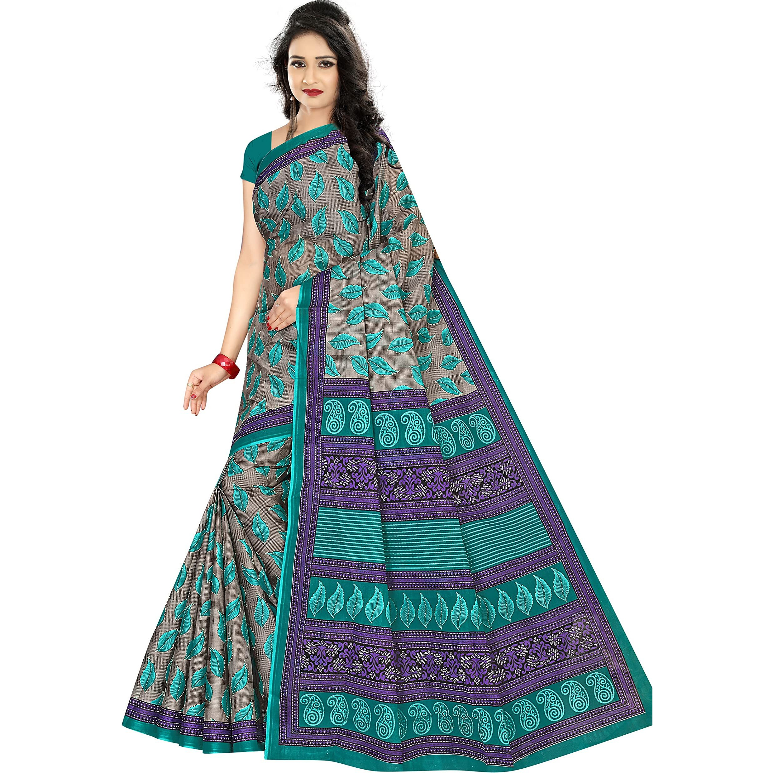 TAMAIRA FASHION Womens Plain Weave Pure Cotton Saree Without Blouse Piece(1354_Grey&Seagreen)
