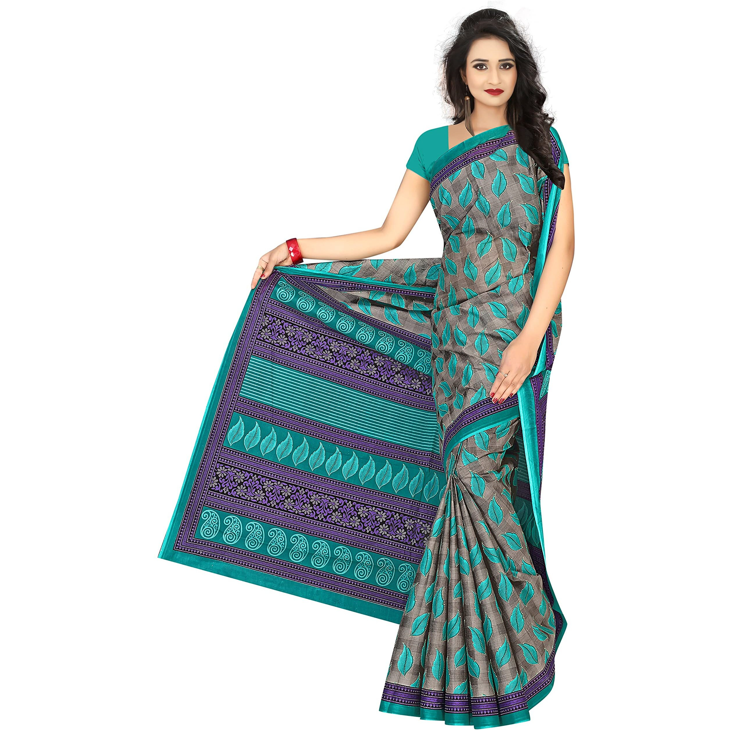 TAMAIRA FASHION Womens Plain Weave Pure Cotton Saree Without Blouse Piece(1354_Grey&Seagreen)