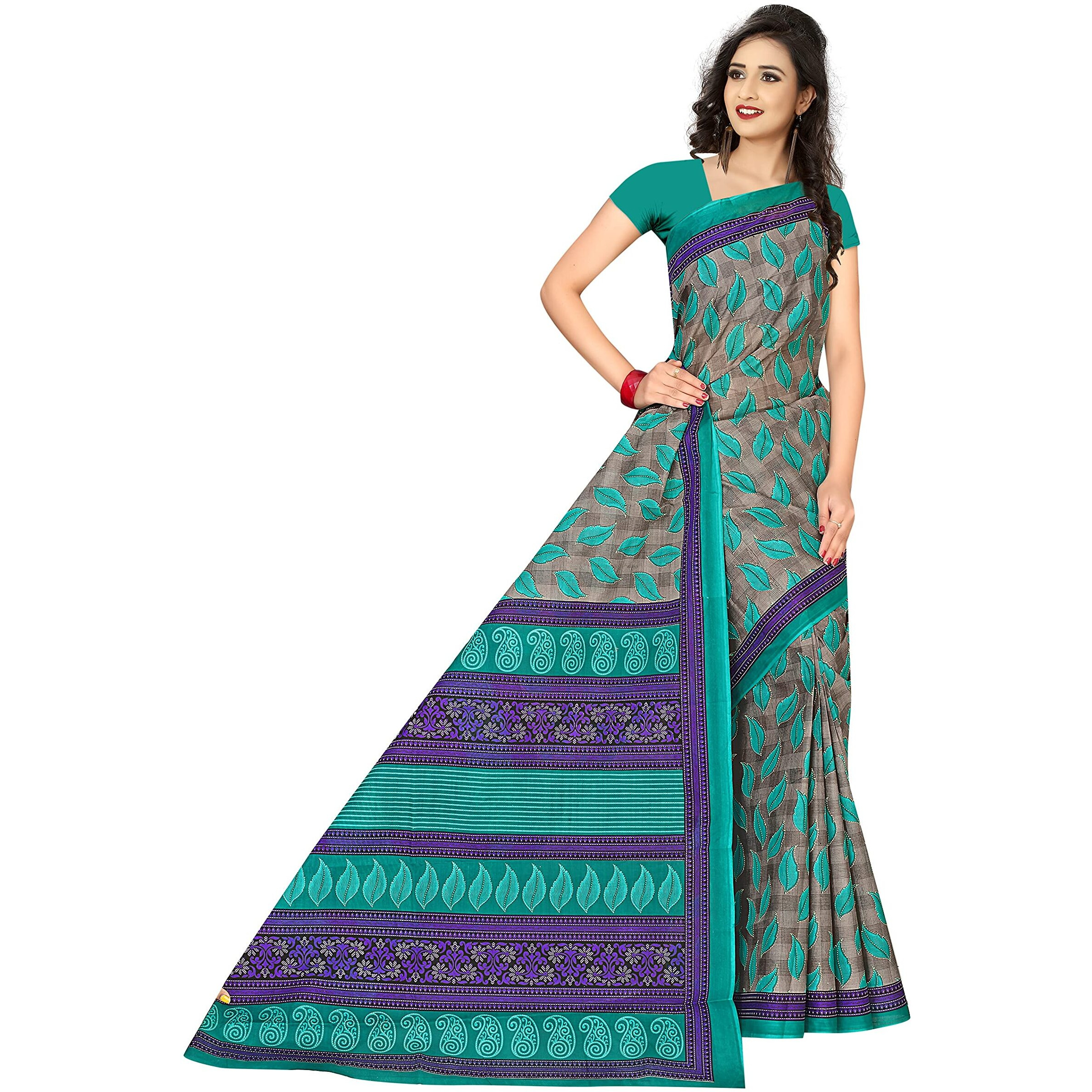 TAMAIRA FASHION Womens Plain Weave Pure Cotton Saree Without Blouse Piece(1354_Grey&Seagreen)