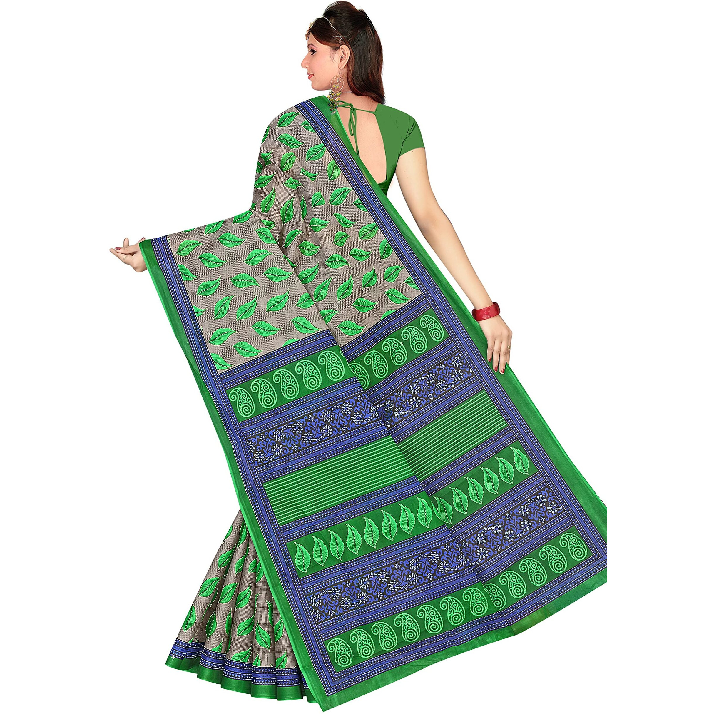 TAMAIRA FASHION Womens Plain Weave Pure Cotton Saree Without Blouse Piece(1354_Grey&Parrotgreen)