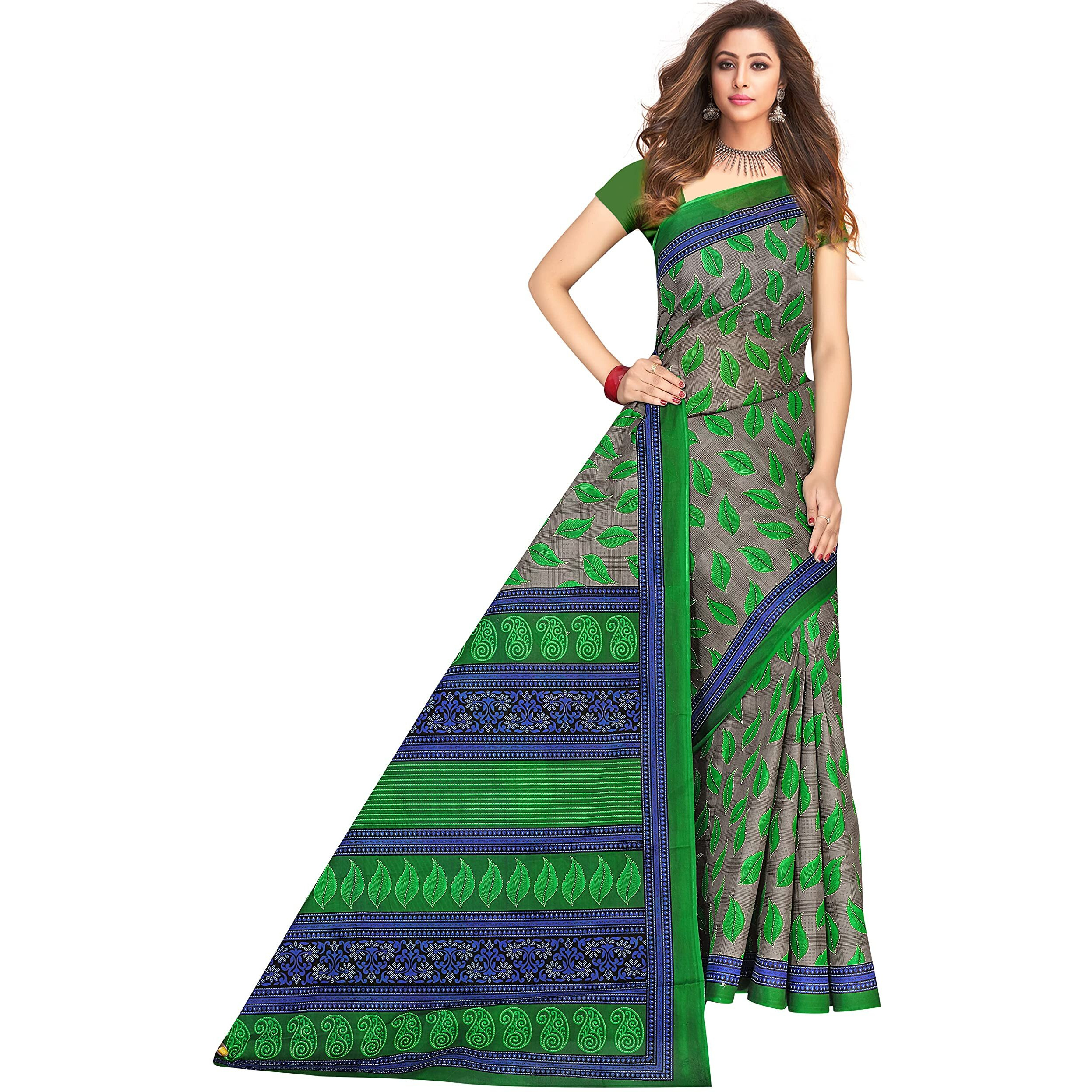 TAMAIRA FASHION Womens Plain Weave Pure Cotton Saree Without Blouse Piece(1354_Grey&Parrotgreen)