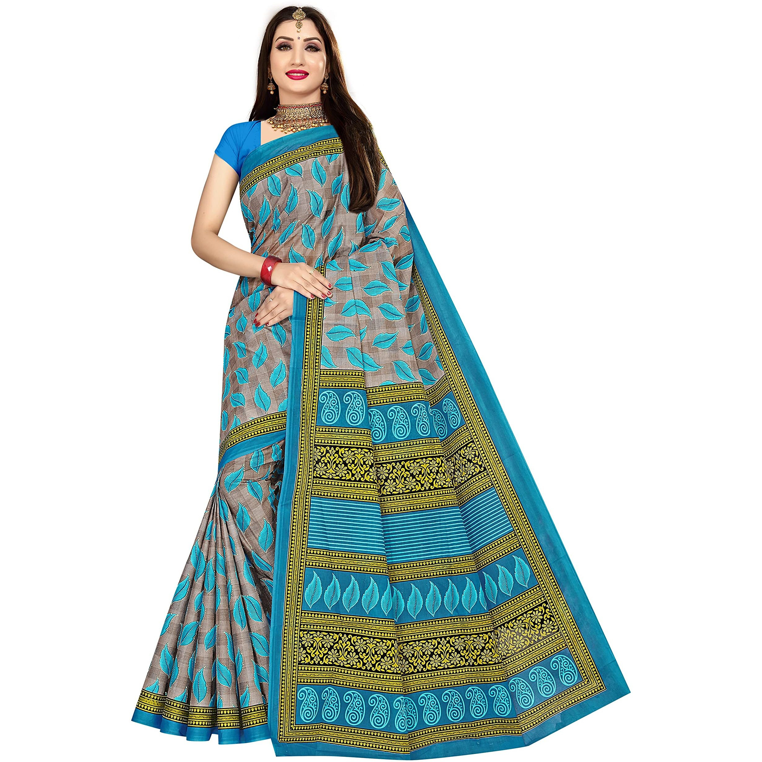 TAMAIRA FASHION Womens Plain Weave Pure Cotton Saree Without Blouse Piece(1354_Grey&PeacockBlue)